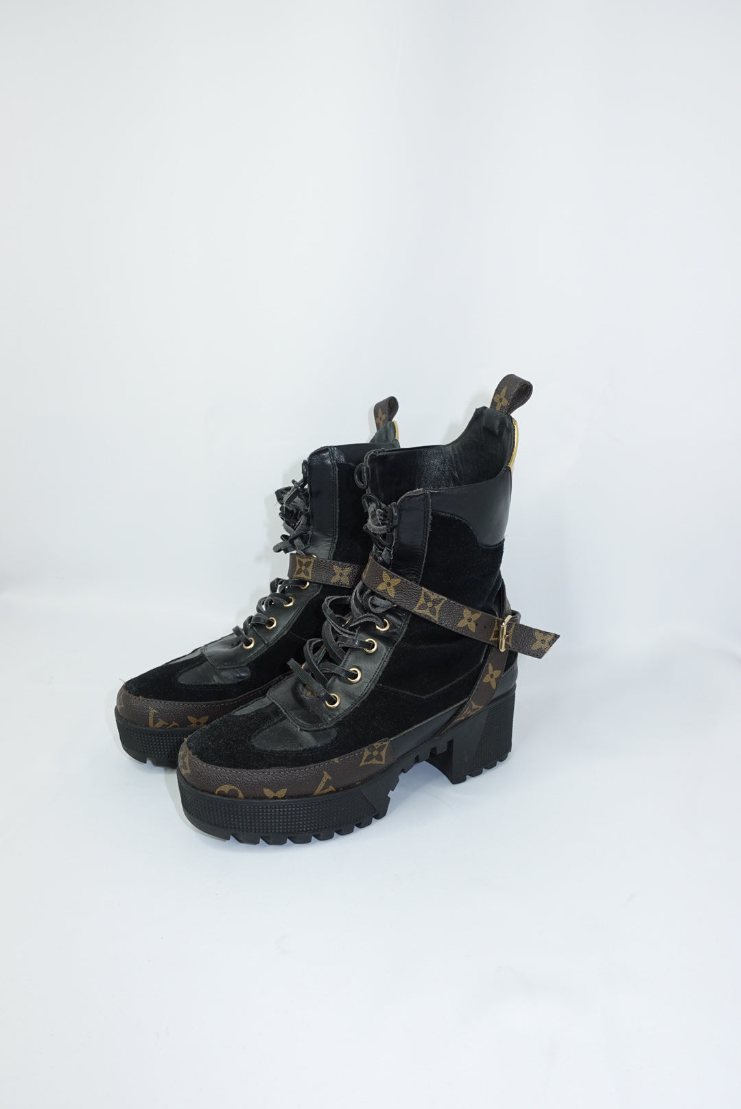 Louis Vuitton Monogram Black Leather and Suede Combat Boots