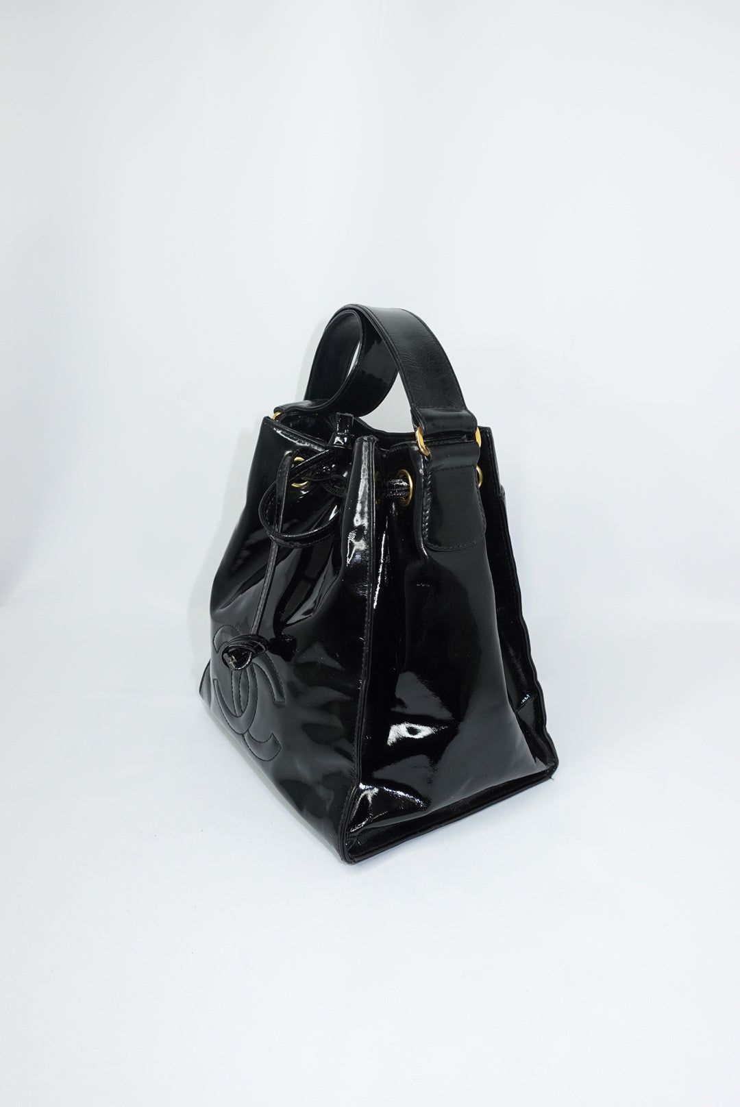 Chanel Vintage Black Patent Bucket Shoulder Bag