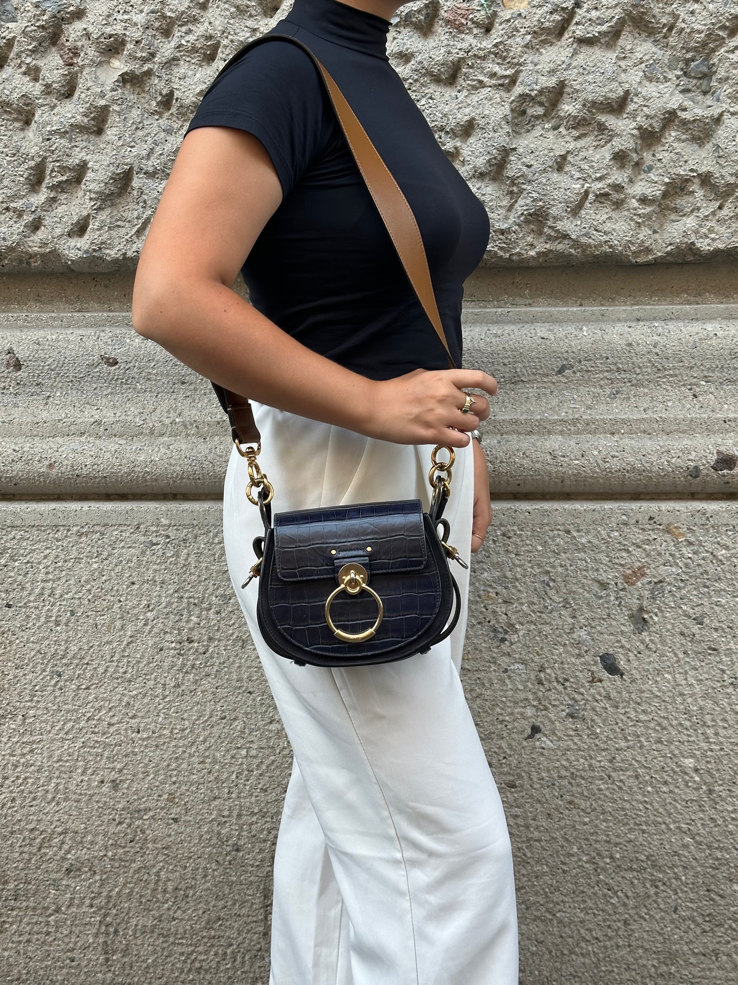 120. Chloé Tess Navy and Gold Shoulder Bag