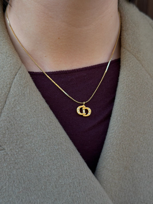 Christian Dior Gold Toned Vintage Necklace Crystals CD Logo
