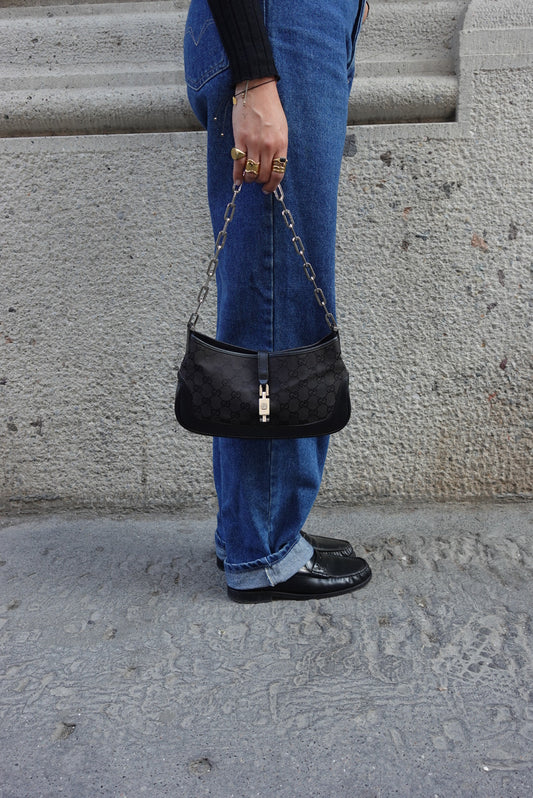 Gucci Mini Jackie Monogram Black Canvas Vintage Shoulder Bag