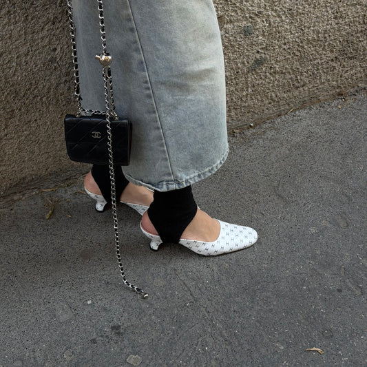 Chanel White Mule Heels With Mini Logos 38