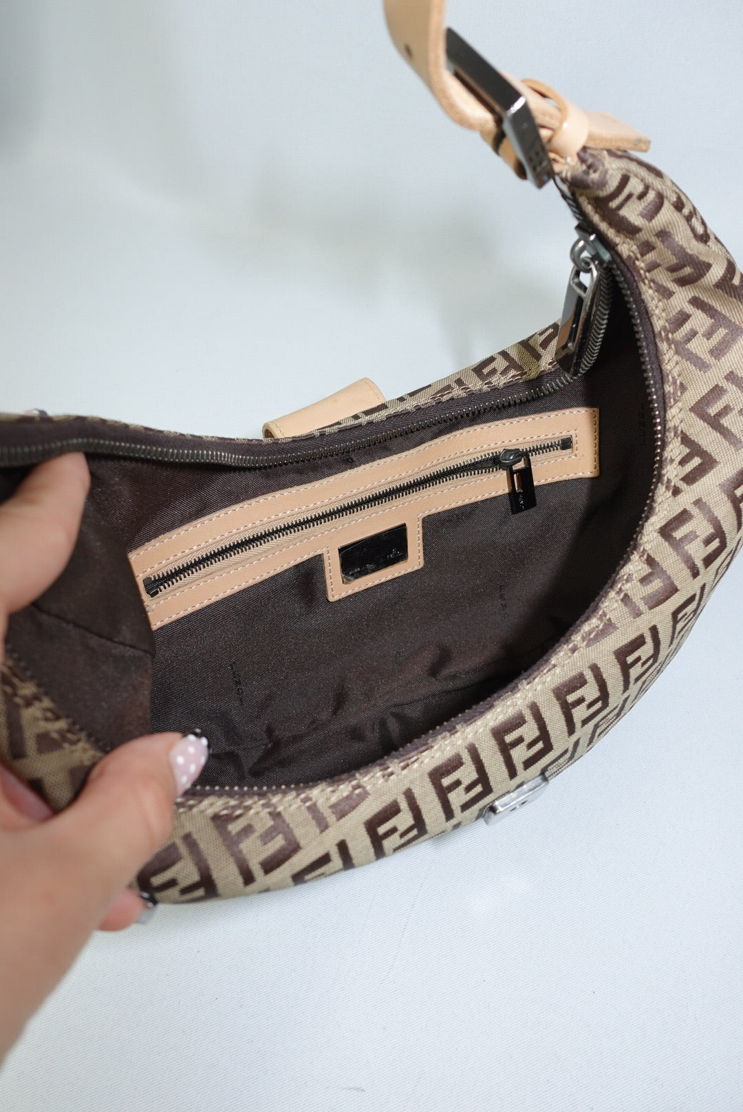 110. Fendi Zucchini Vintage Hobo Brown Canvas Monogram Croissant Bag