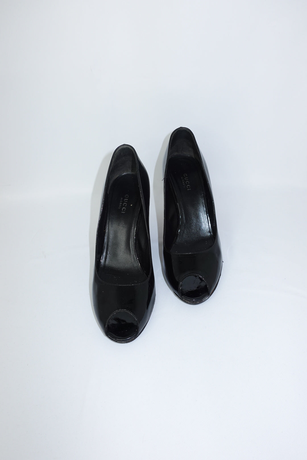 Gucci Tortoise Shell Open Toe Patent Leather Black Vintage Heels