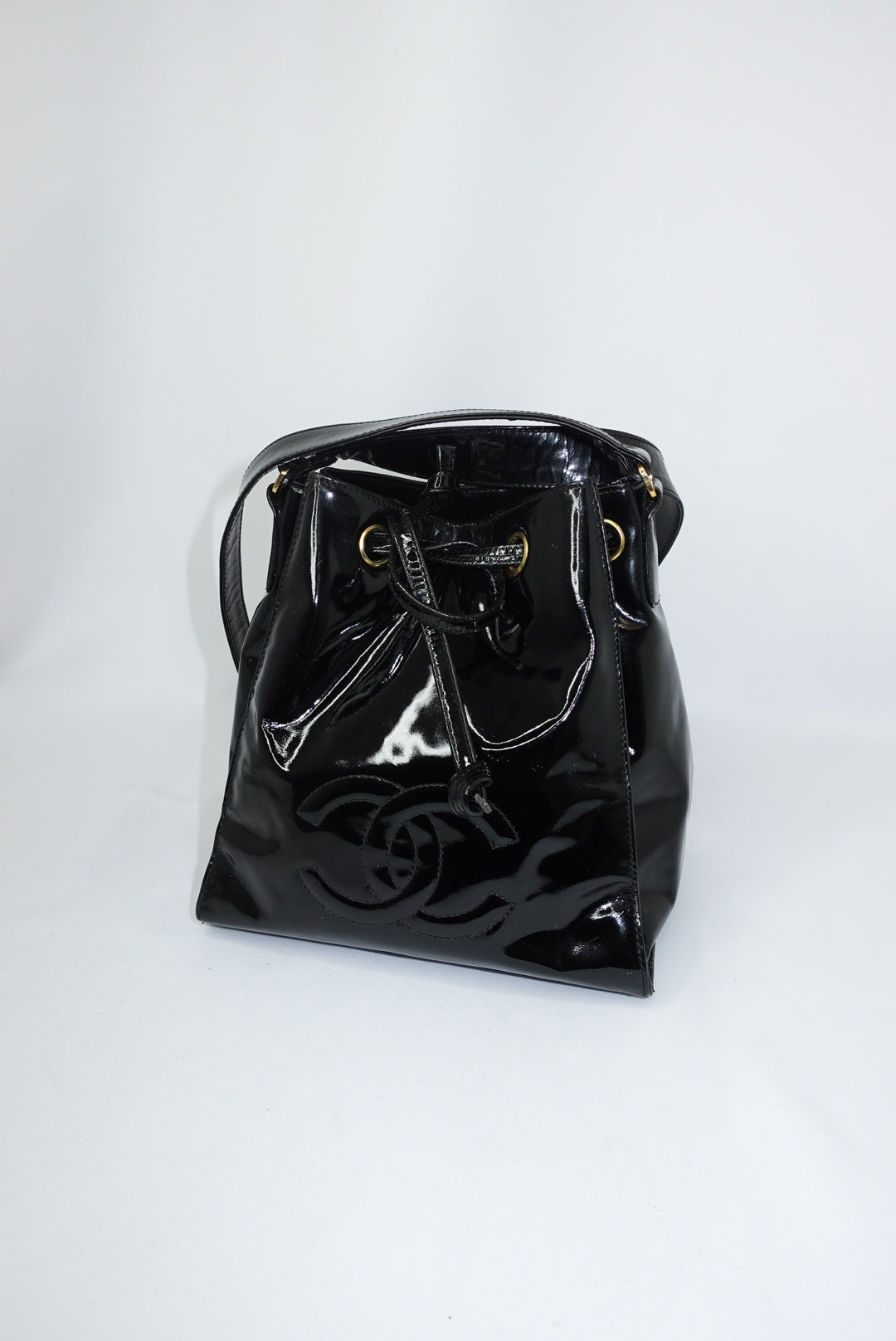 Chanel Vintage Black Patent Bucket Shoulder Bag