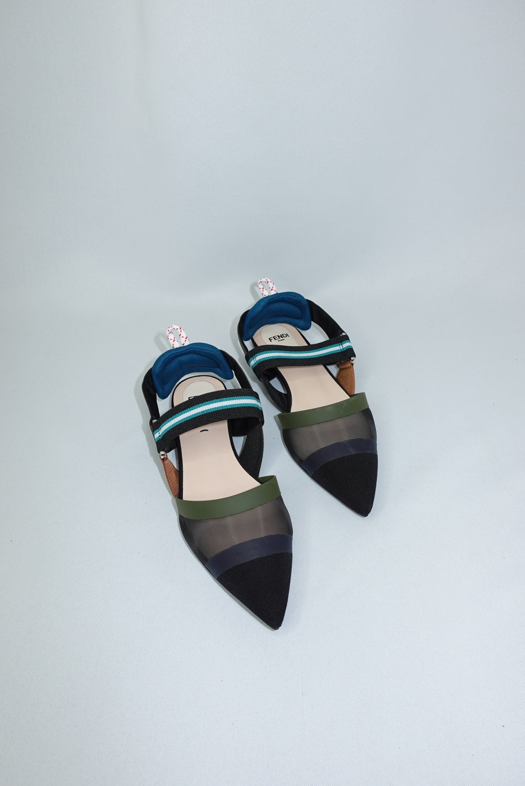 076. Fendi Colibri Mesh Pointed-Toe Blue and Green Ballerina Shoes 36