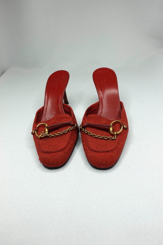 Gucci Red Monogram Canvas Mules 37.5C