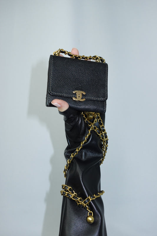 Chanel Vintage Reworked Black Mini Flap Wallet with Chain Gold Toned CC Logo