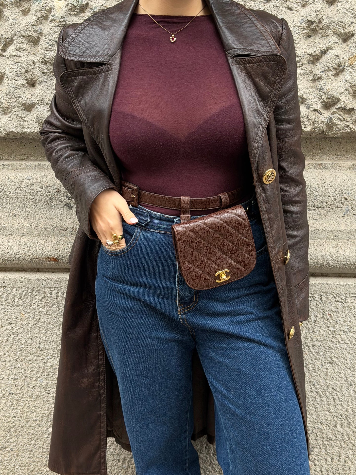 Chanel Vintage Quilted Caviar Leather Belt Bag in Chocolate Brown