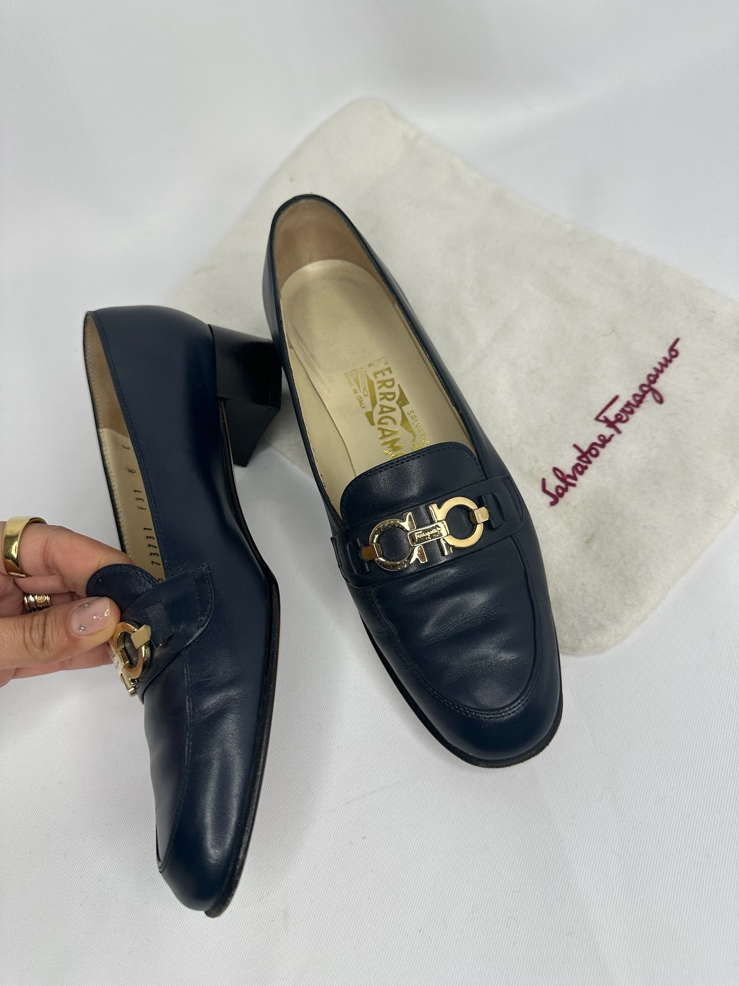 025. Ferragamo Blue Navy Vintage Loafers 36 (small fit)