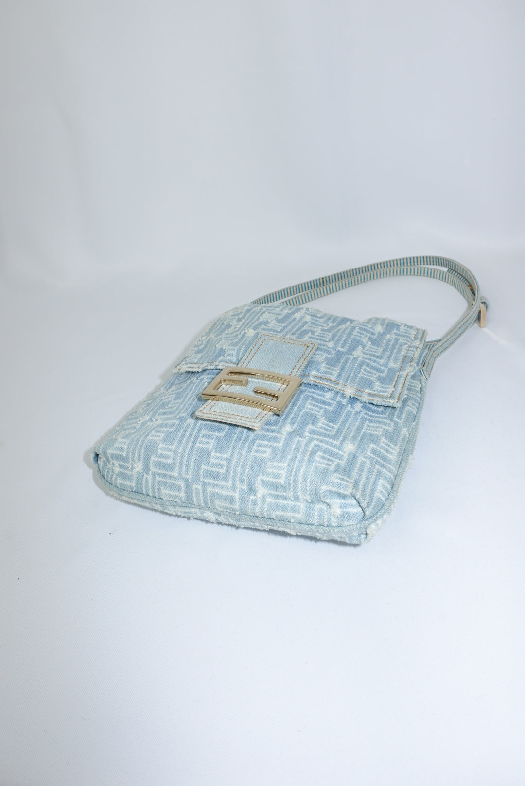Fendi Zucca Vintage Denim Long Baguette Crossbody Bag