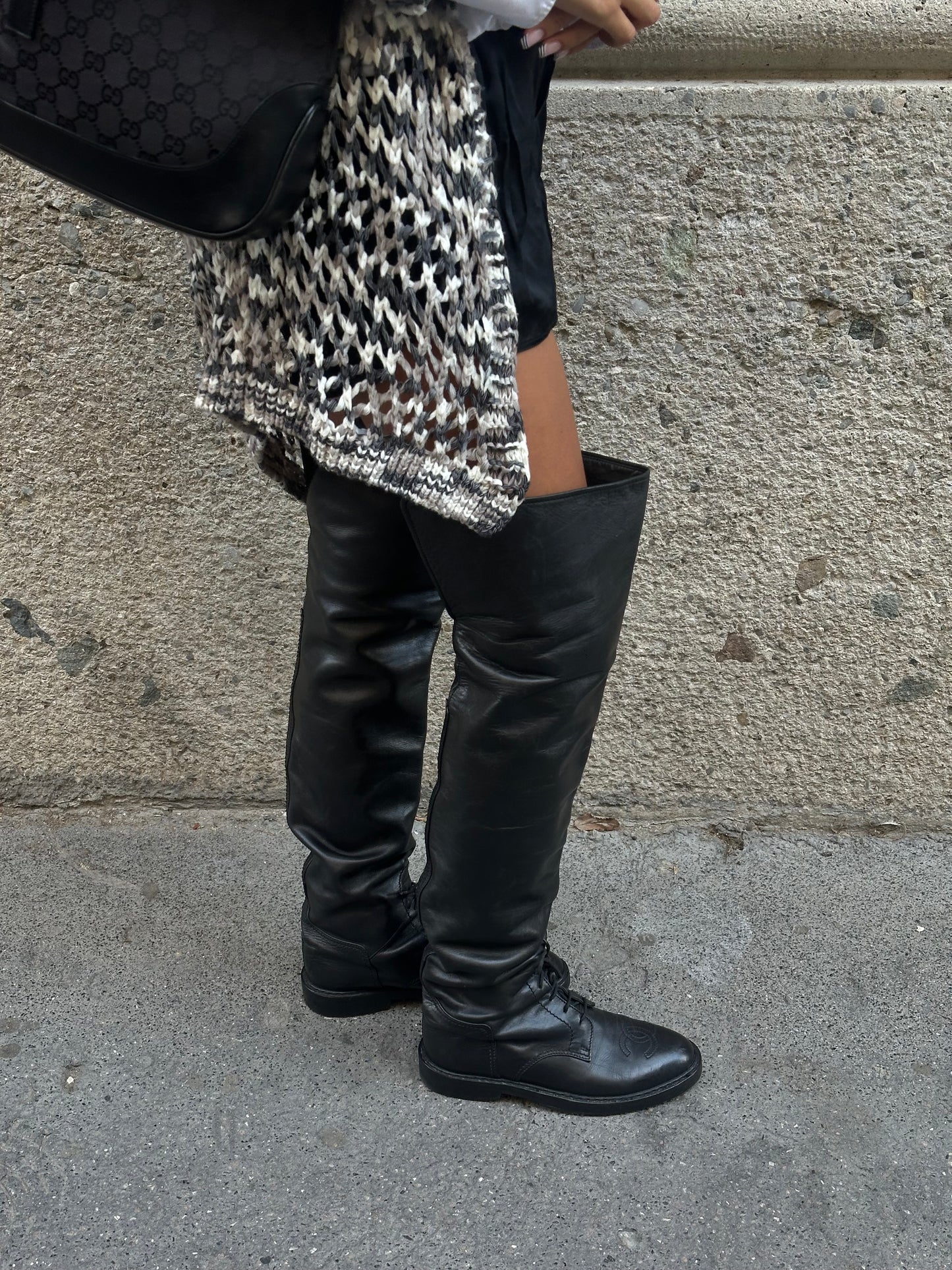 Chanel Vintage Black Leather Thigh-High Boots with Embroidered CC Interlocking Logo
