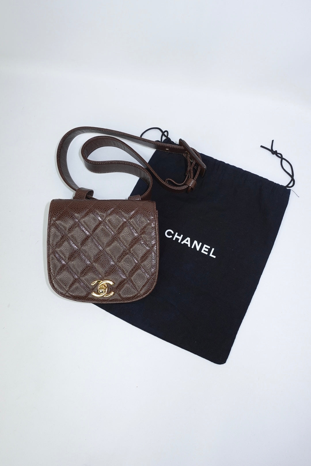Chanel Vintage Chocolate Brown Quilted Caviar Leather Belt Bag