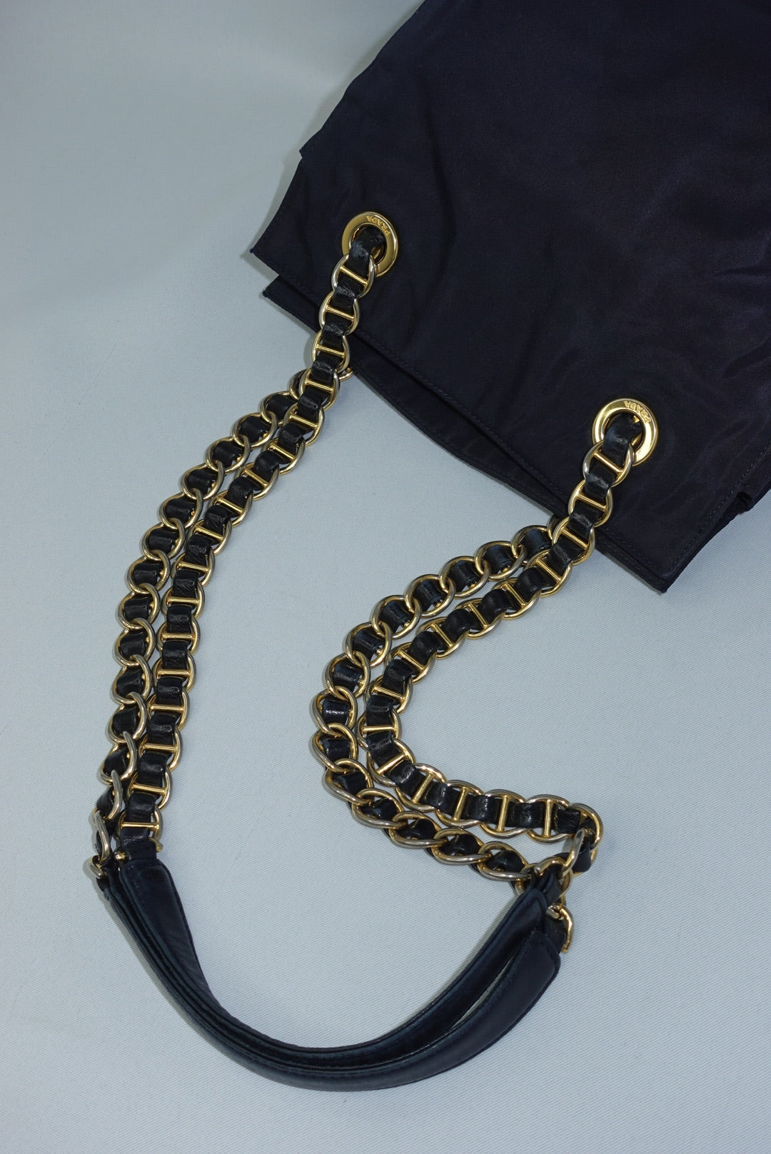 Prada Nylon Navy Gold Toned Chain Shoulder Bag