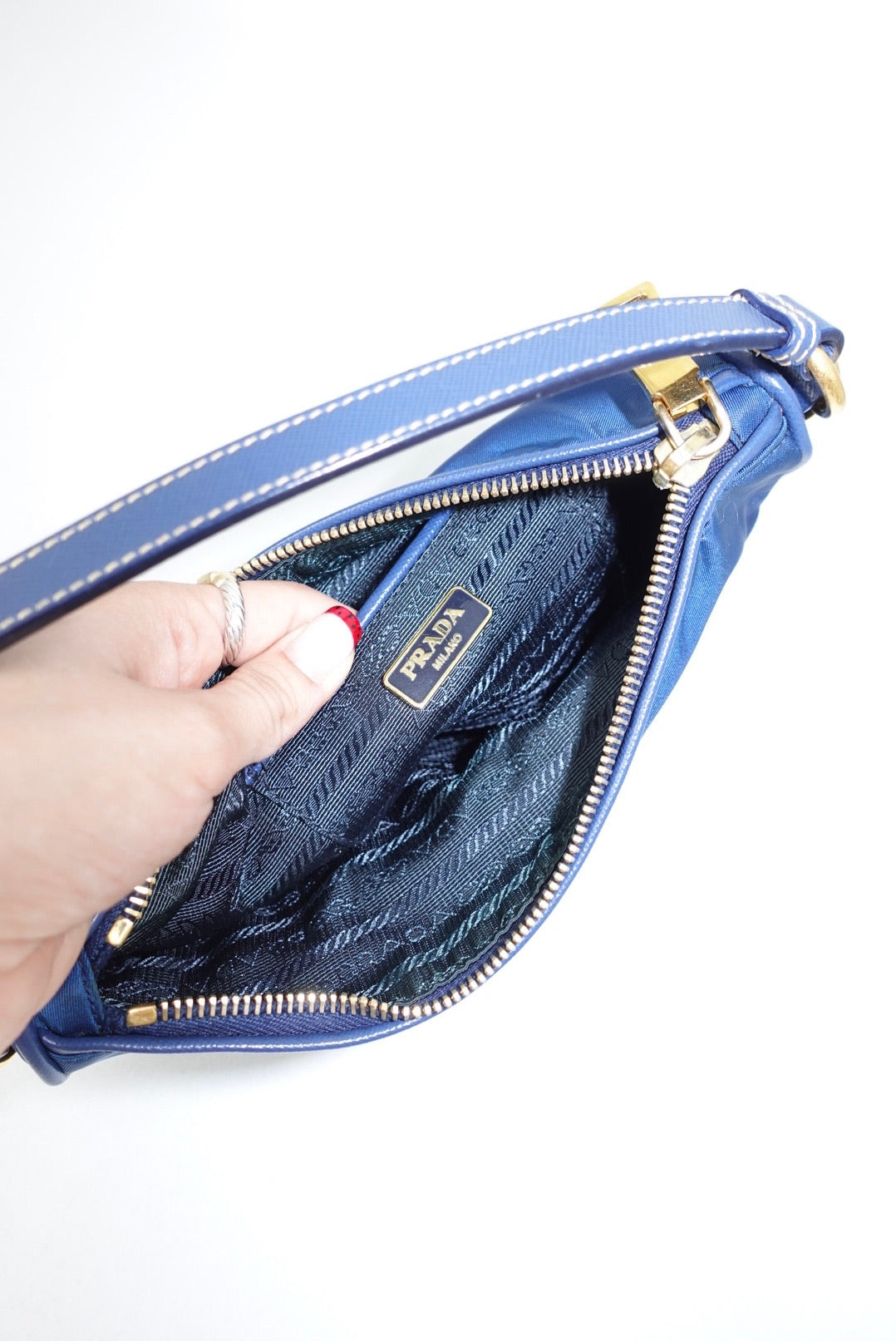Prada Nylon Navy and Gold Shoulder Bag Y2K