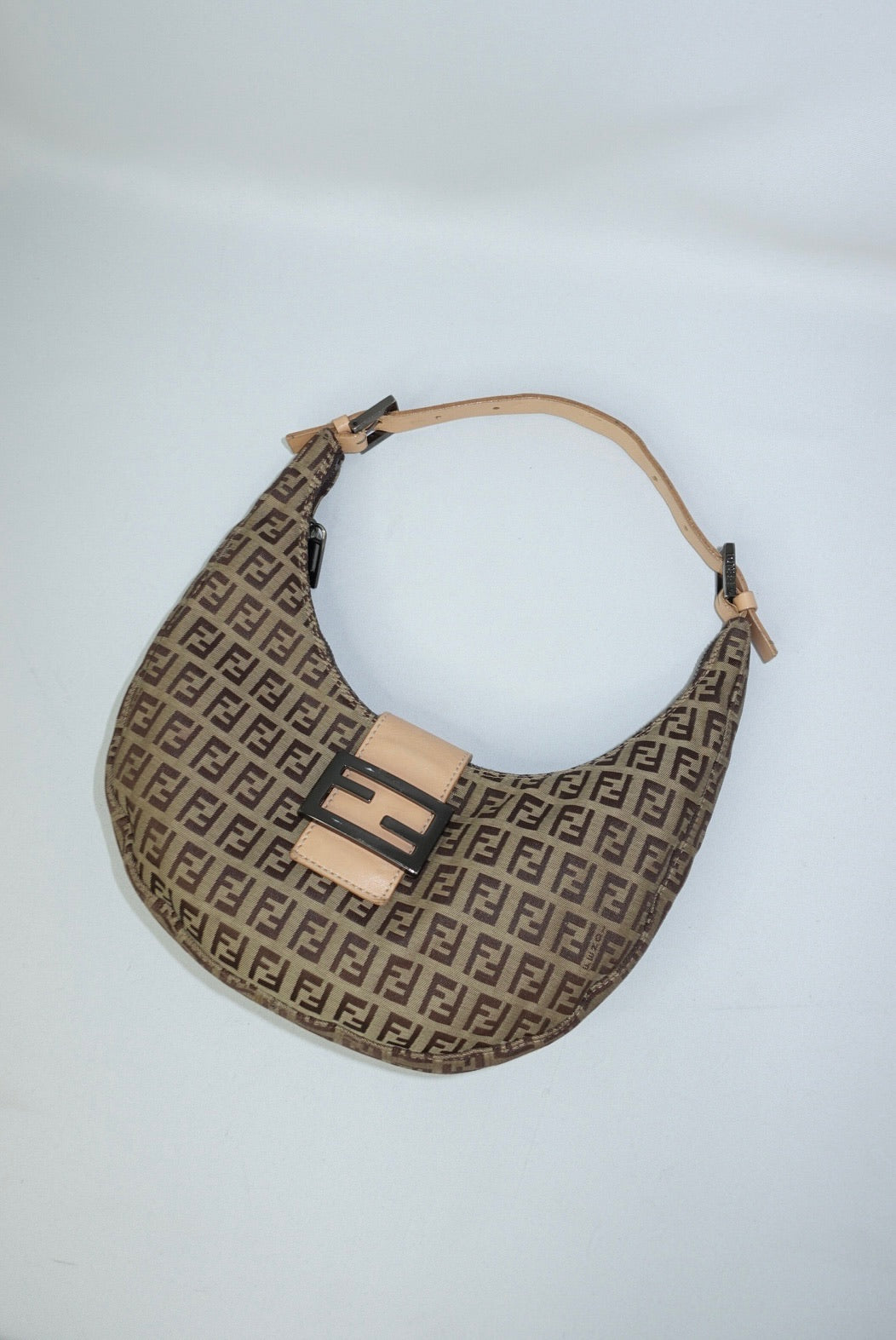 110. Fendi Zucchini Vintage Hobo Brown Canvas Monogram Croissant Bag