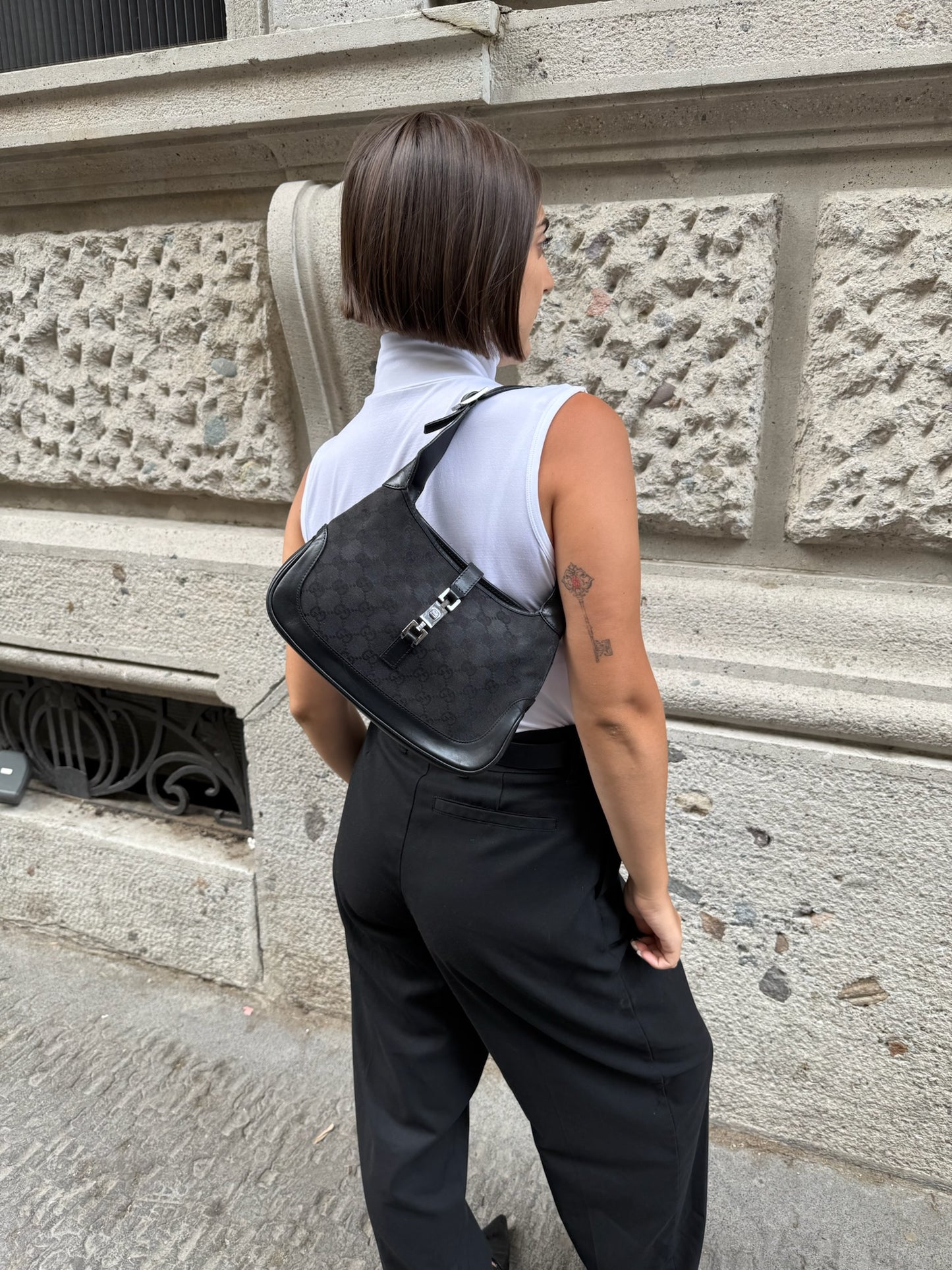 105. Gucci Mini Jackie Black Canvas Vintage Shoulder Bag