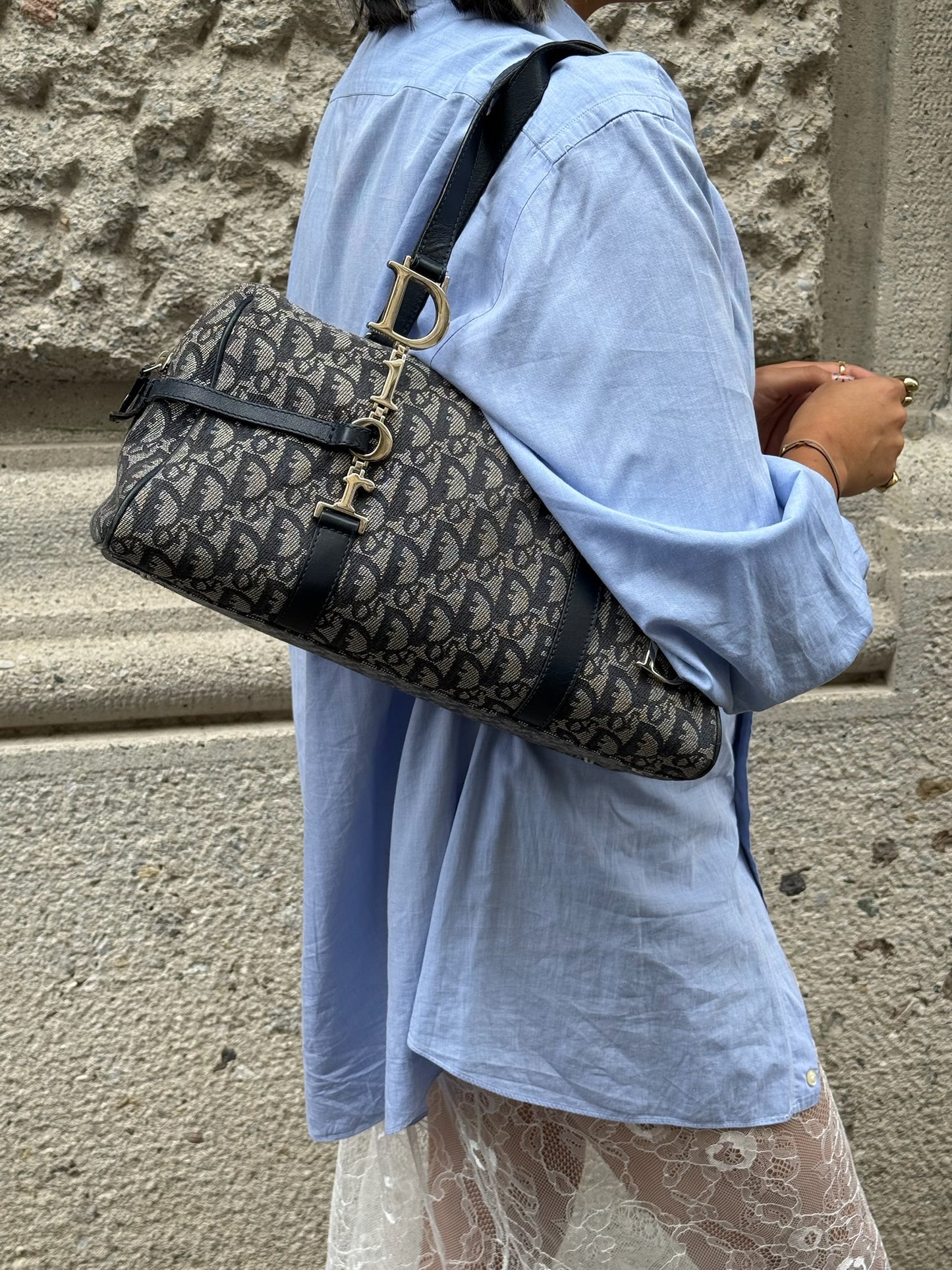 115. Christian Dior Vintage Black Denim Monogram Oblique Bowling Bag