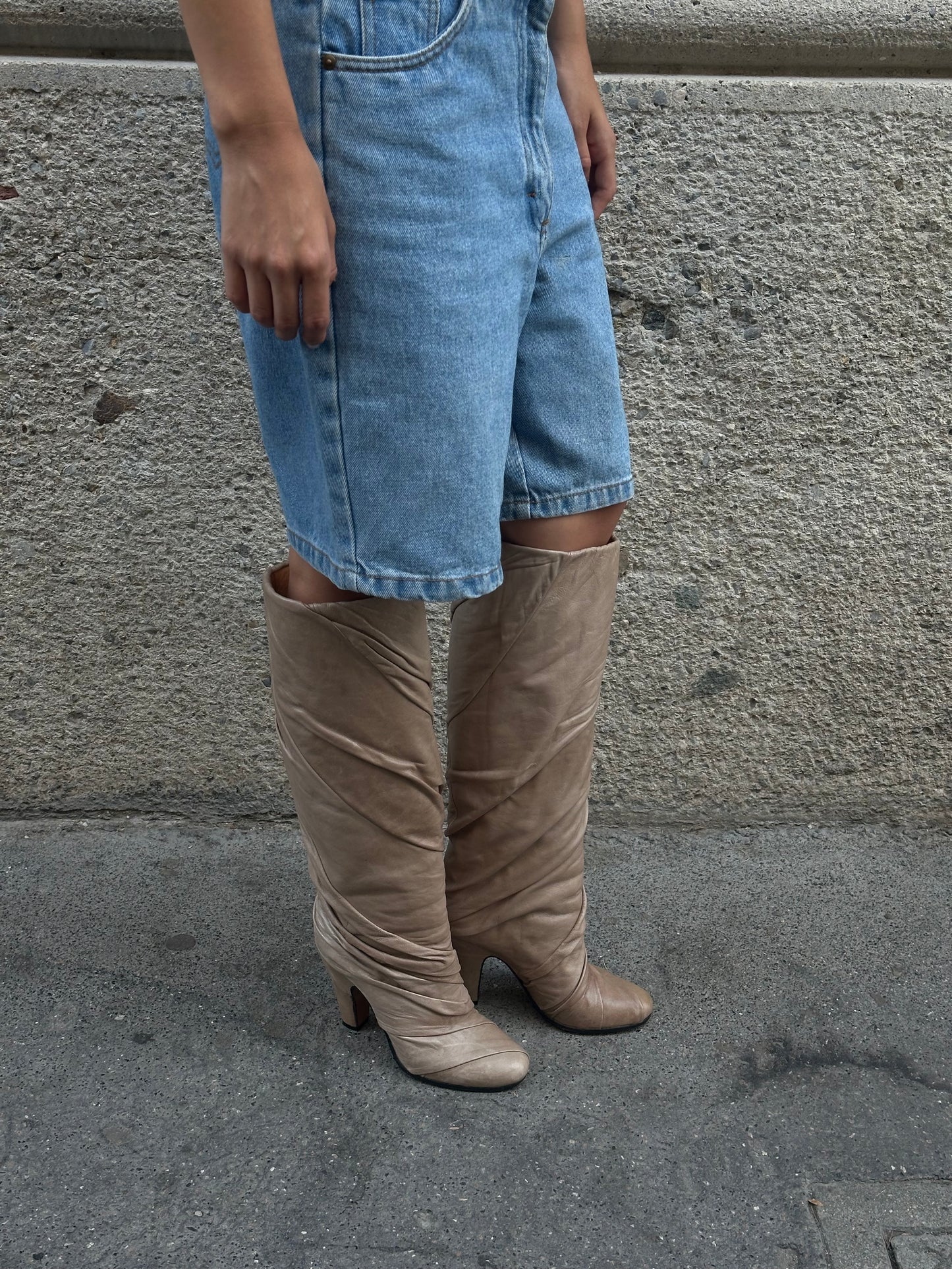 Margiela Draped Knee-High Round Toe Beige Leather Boots