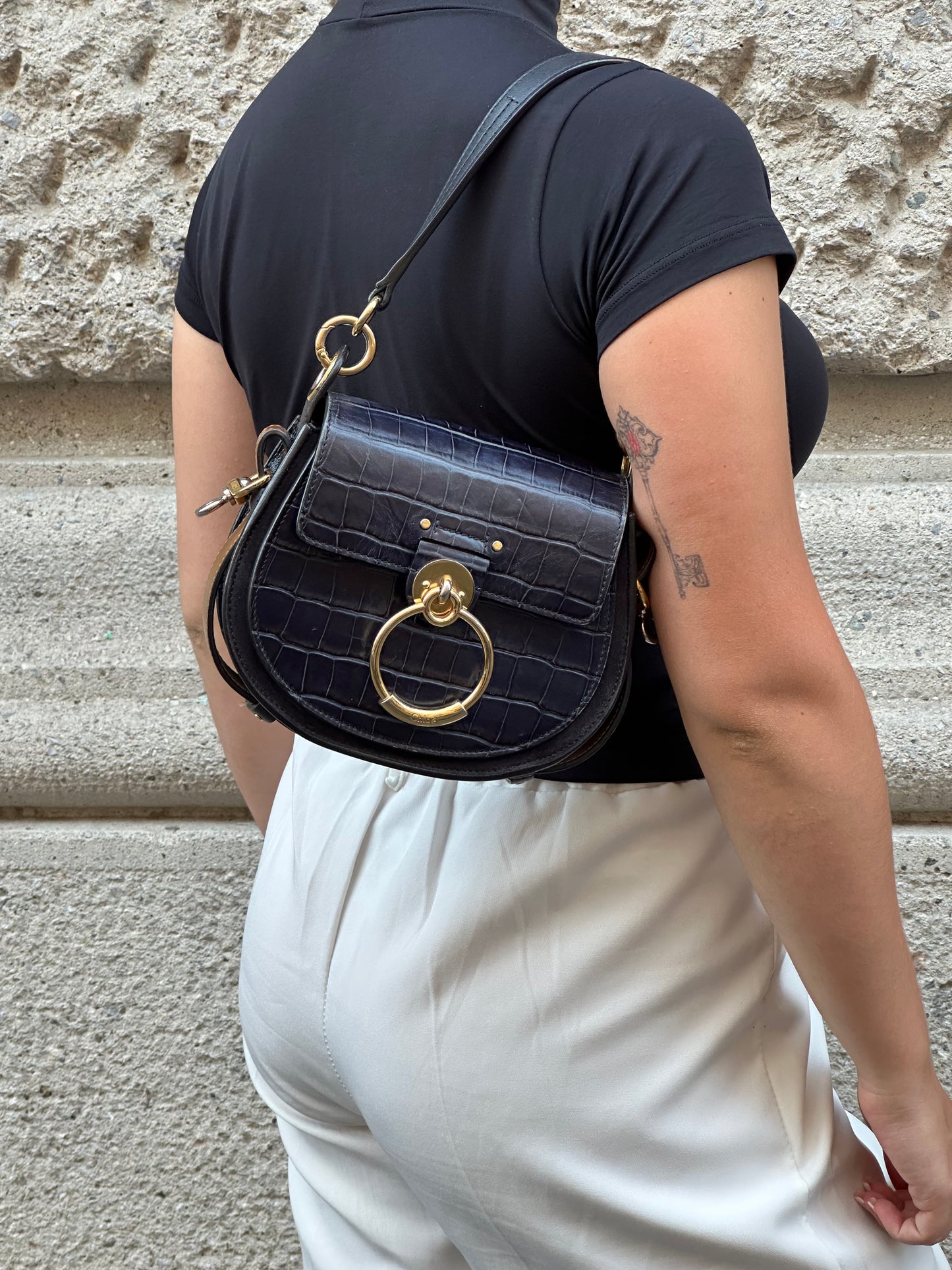 120. Chloé Tess Navy and Gold Shoulder Bag