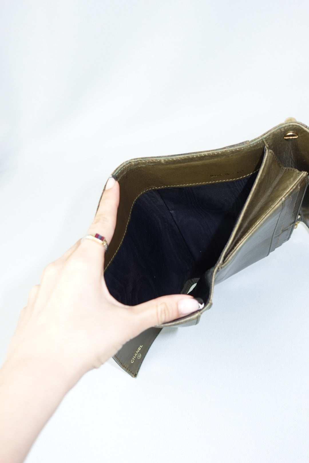 008. Re-Worked Chanel Vintage Olive Green Trifold Flap W.O.C.