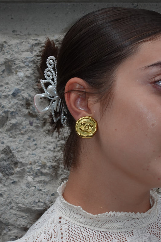 Chanel Vintage Gold Logo Clip Earrings 24k Gold plated