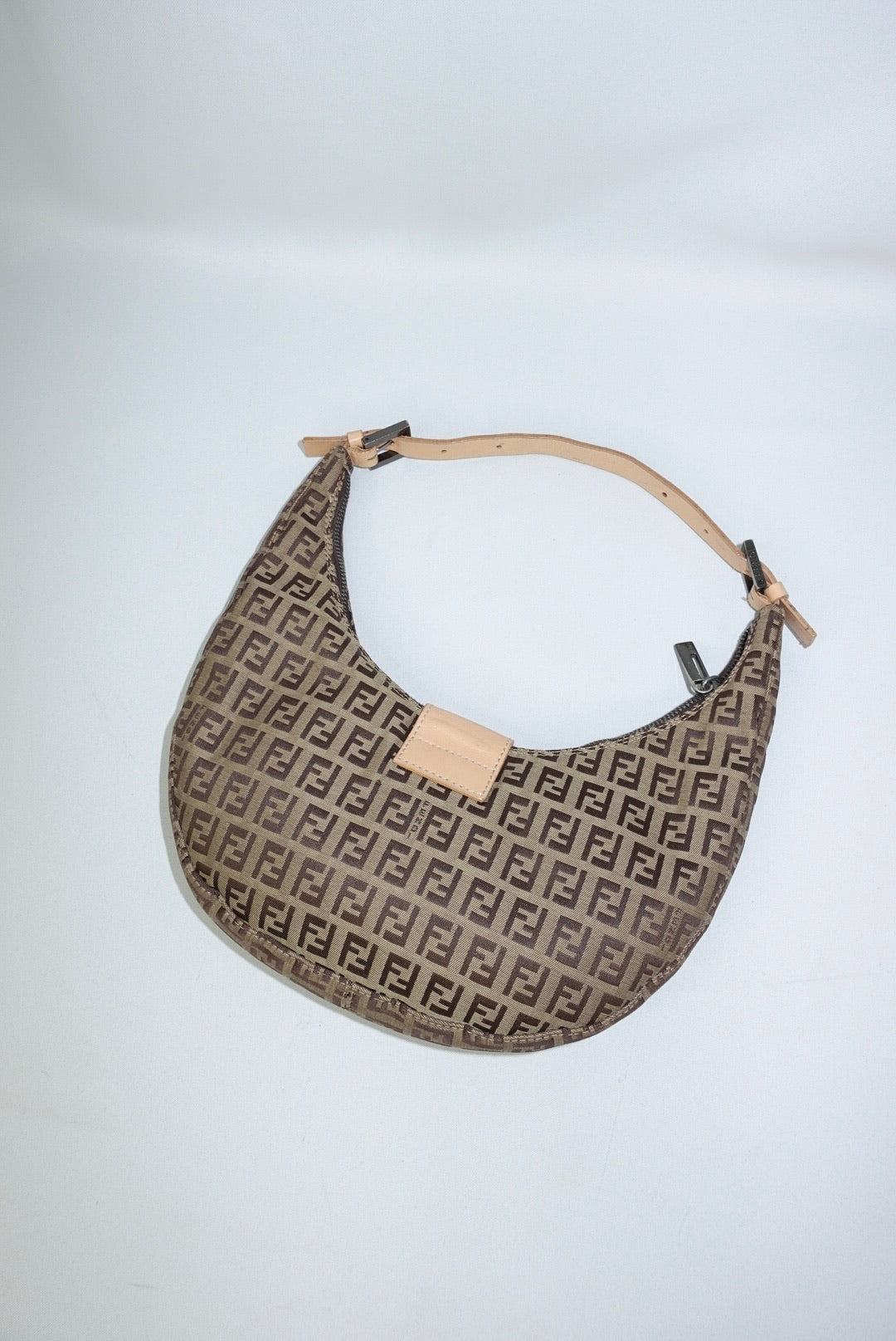 110. Fendi Zucchini Vintage Hobo Brown Canvas Monogram Croissant Bag