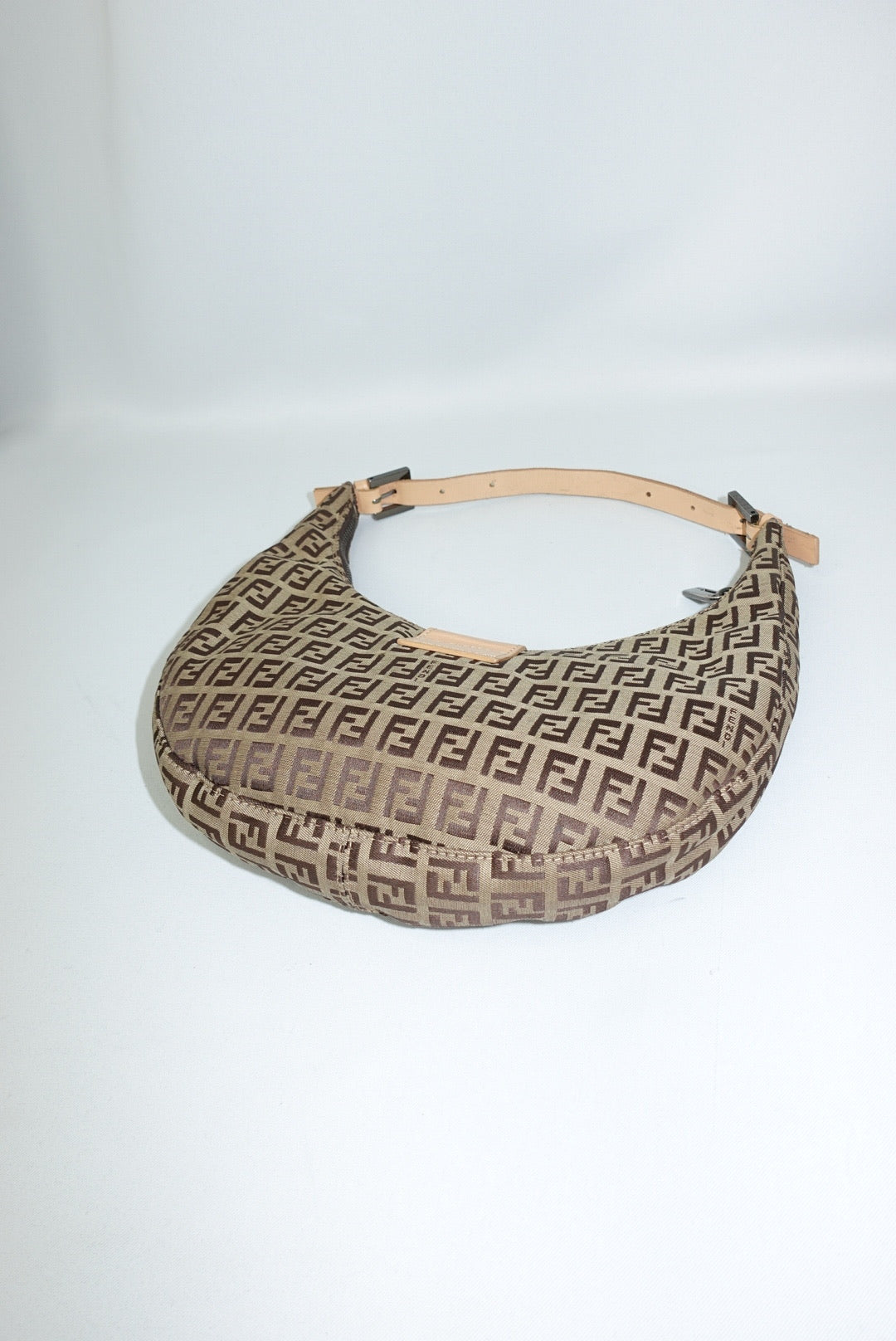 110. Fendi Zucchini Vintage Hobo Brown Canvas Monogram Croissant Bag