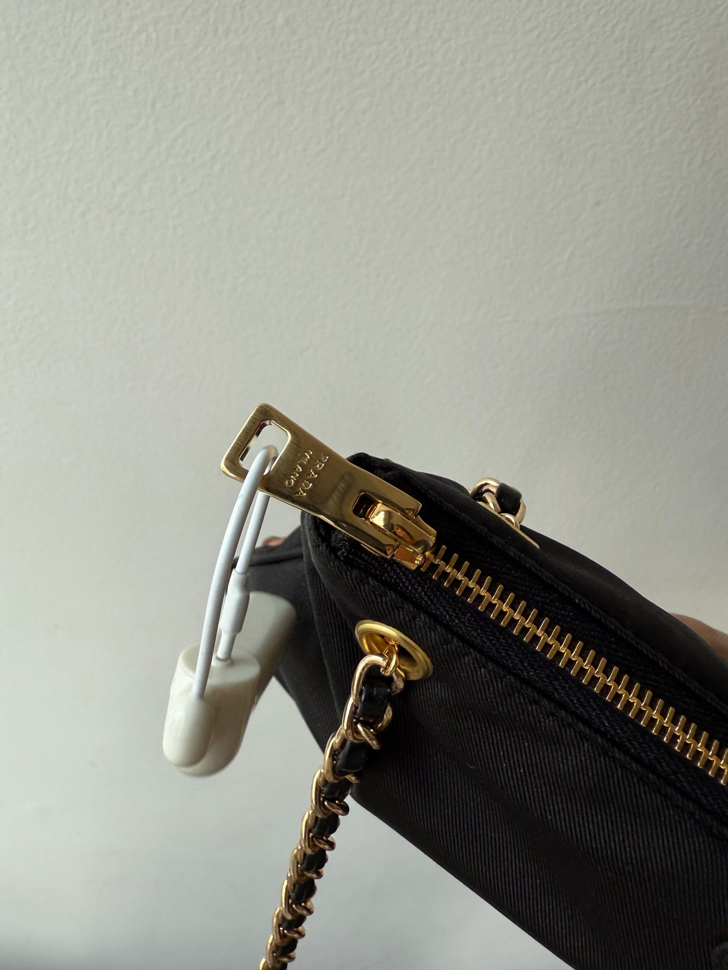 054. Re-Worked Prada Nylon Black and Gold Toned Chain Shoulder Bag