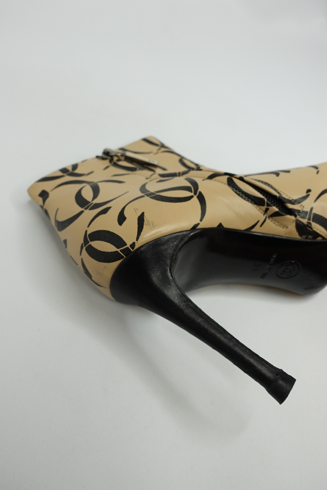 041. Chanel Vintage Heeled Ankle Boots with CC Logo Print