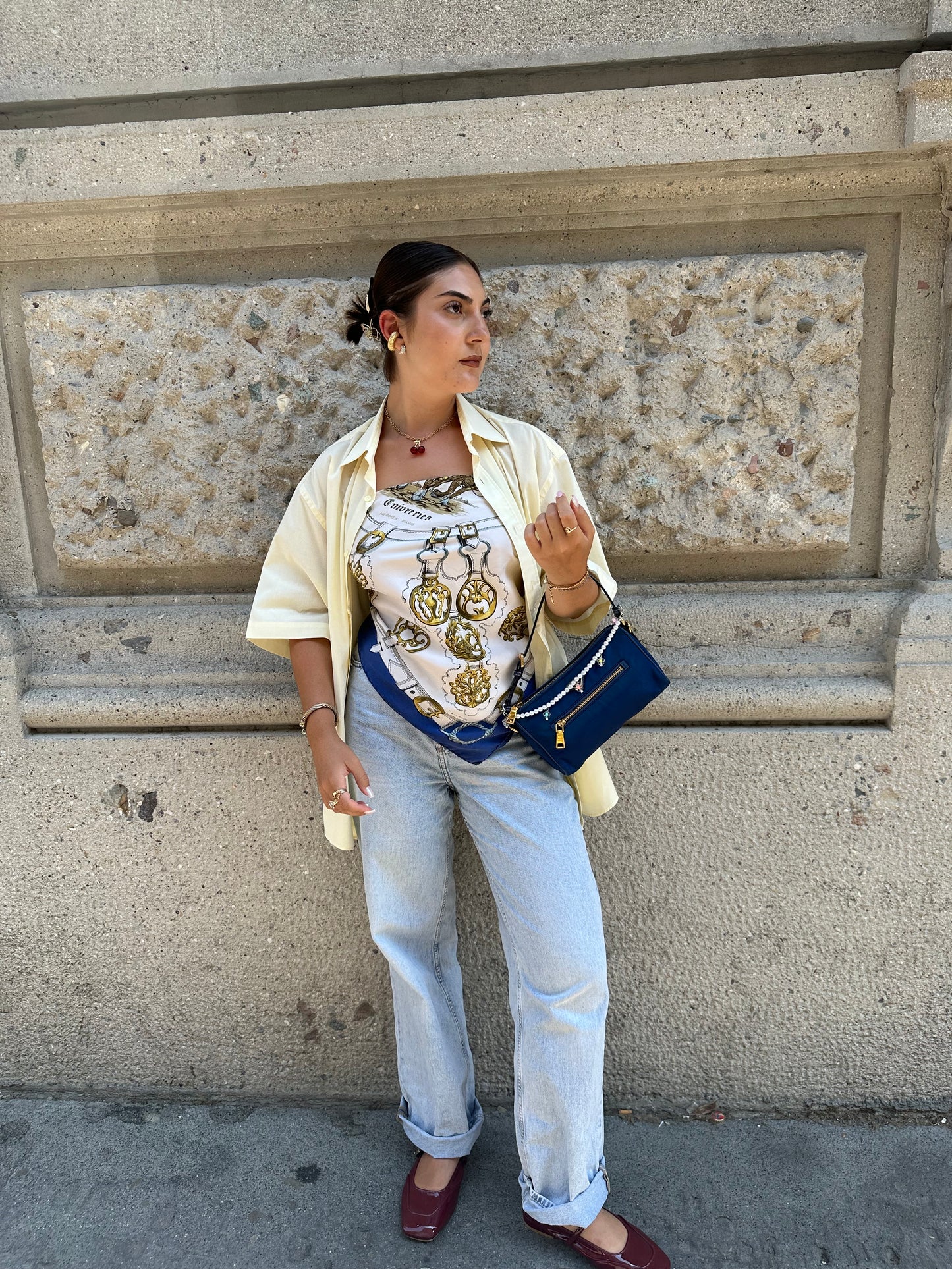 189. Hermès Vintage Gold and Navy “Cuivreries” Pattern Scarf
