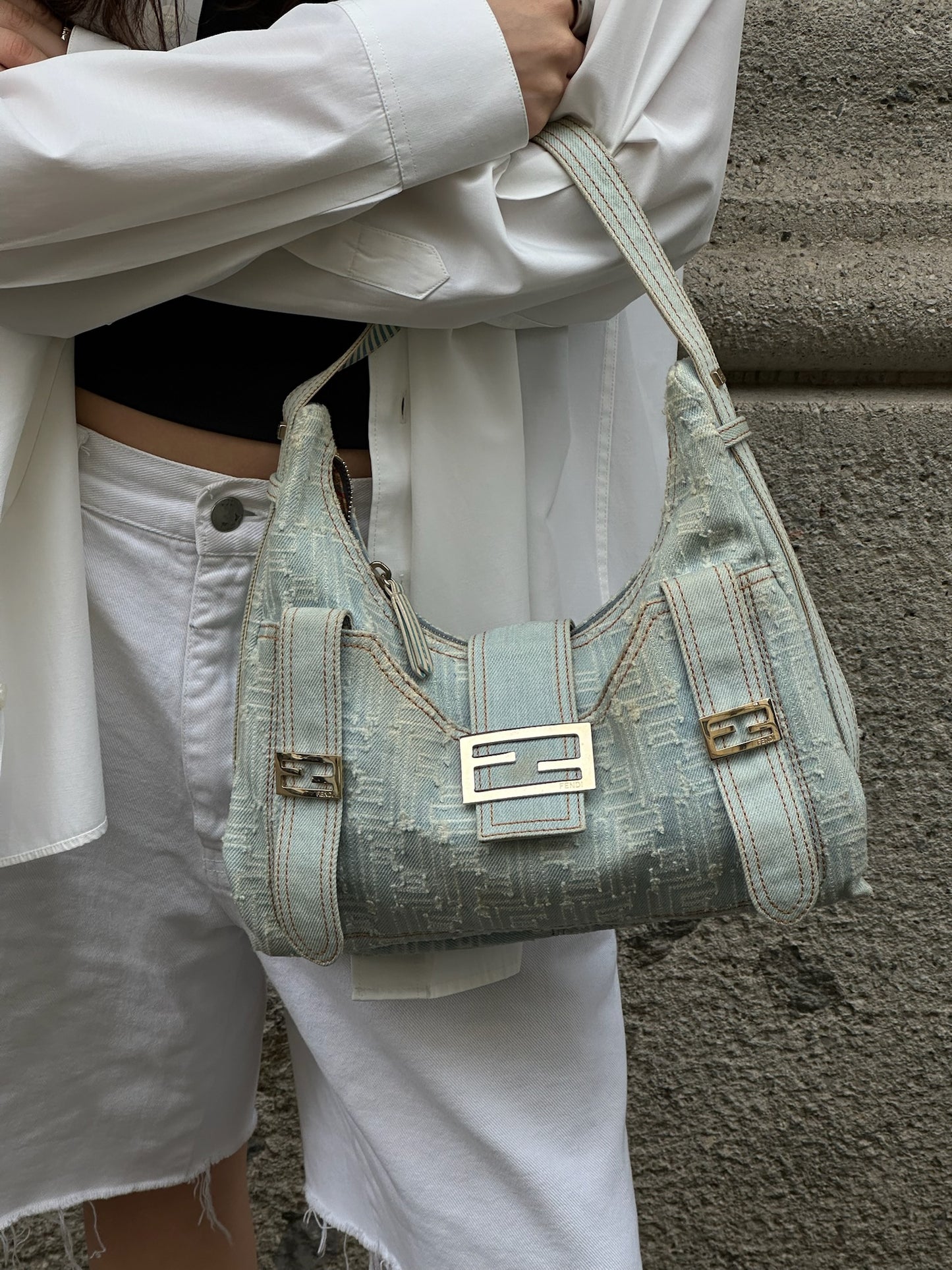 Fendi FF Zucca Light Wash Denim Hobo Bag