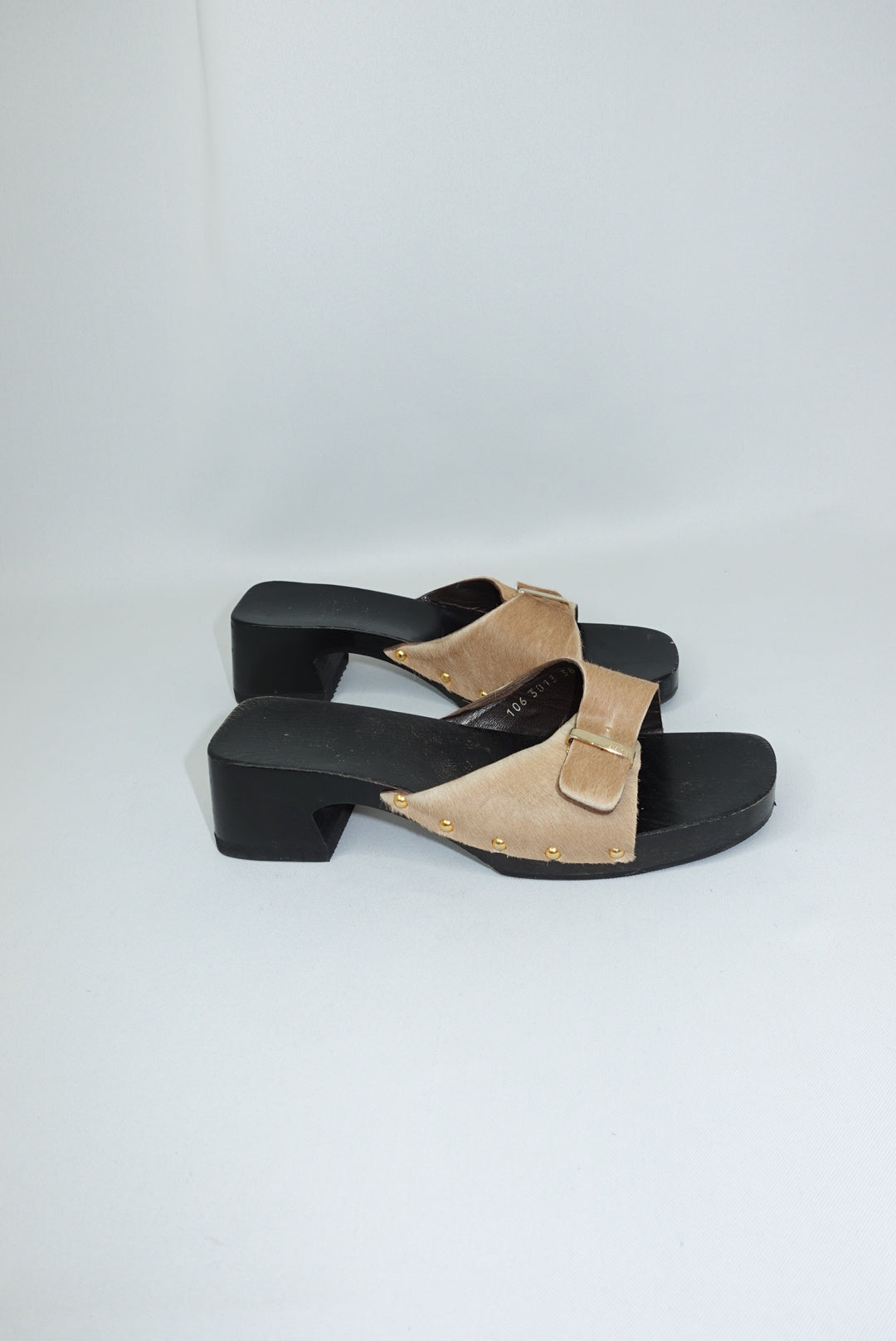 Gucci Vintage Pony Hair Beige and Gold Clogs 38