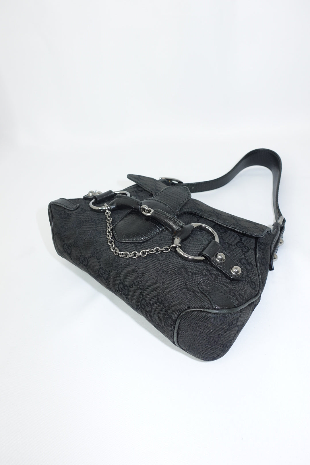 Gucci Horsebit Chain Vintage Black Canvas and Leather Shoulder Bag