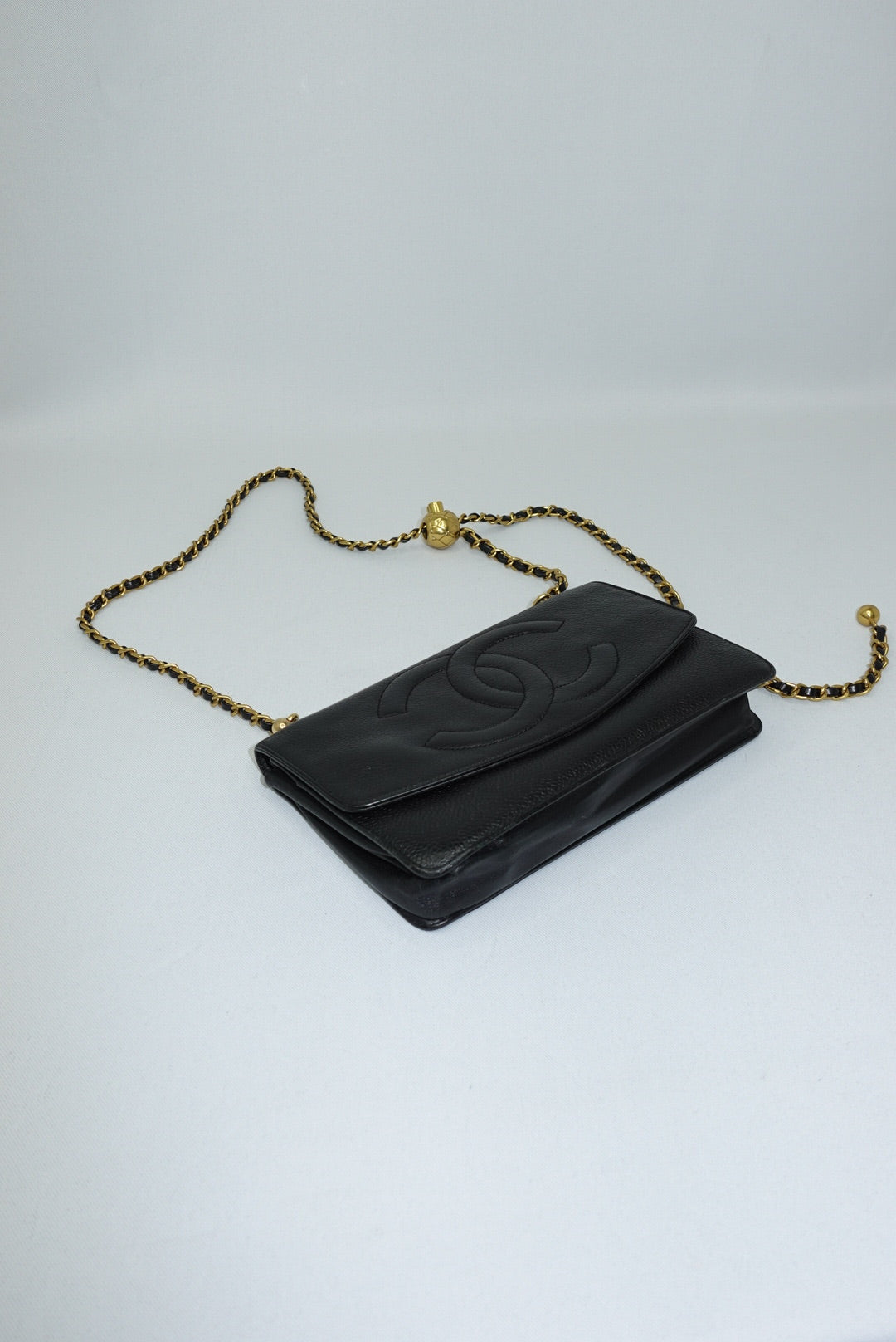 128. Chanel Re-Worked Vintage Flap W.O.C. Black Caviar CC logo