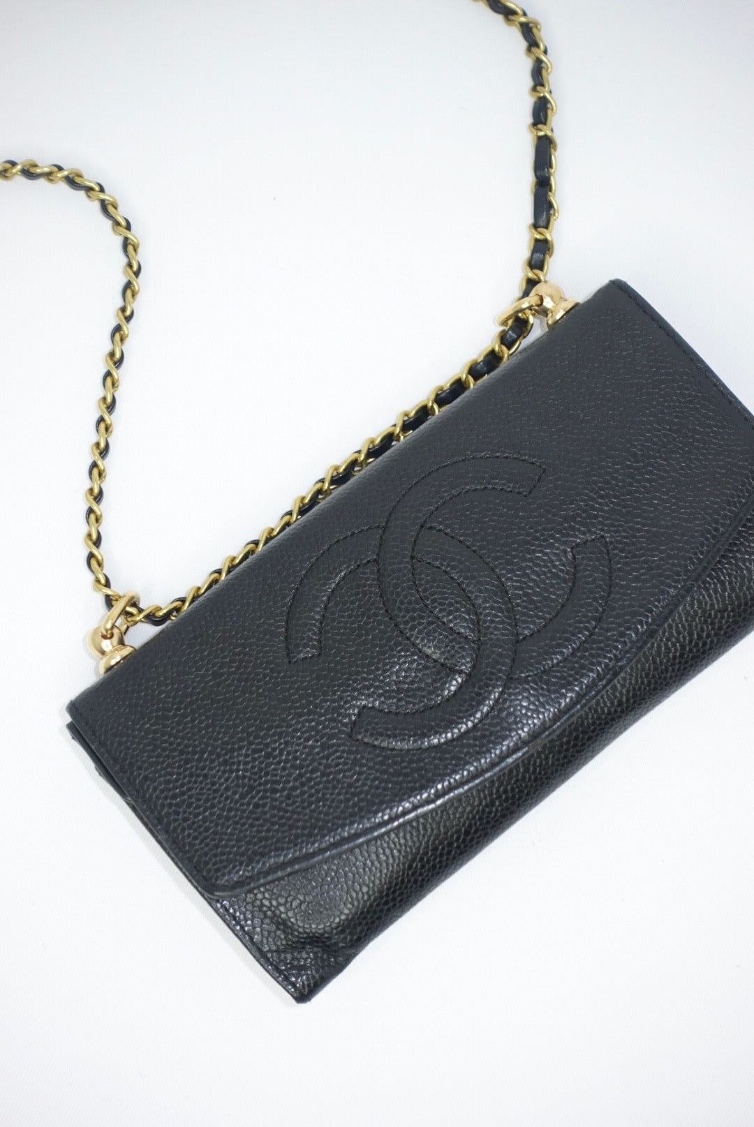 127. Chanel Re-Worked Vintage Long Flap W.O.C. Black Caviar CC logo
