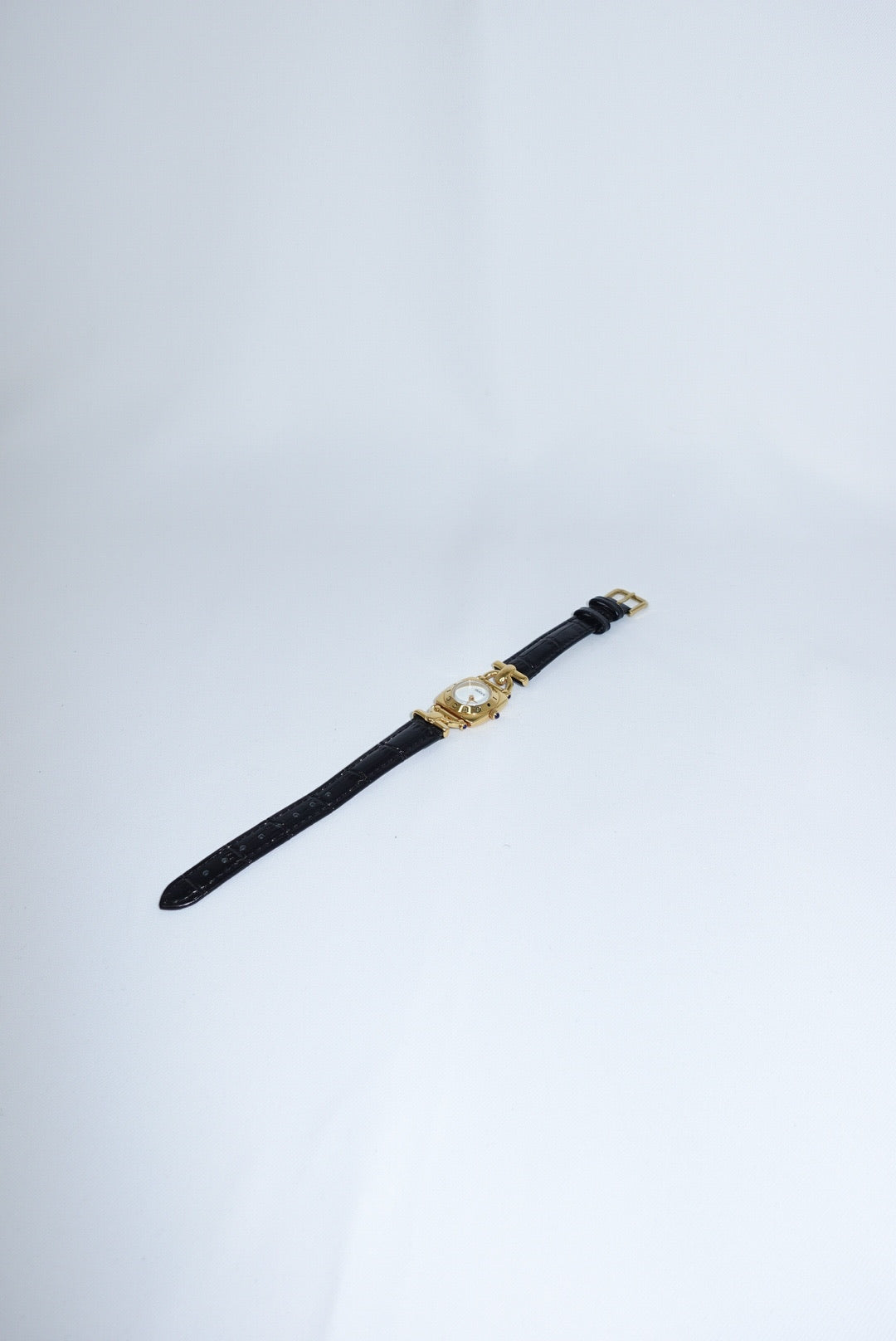 099. Gucci Vintage 6300L Gold Watch With Black Leather Strap