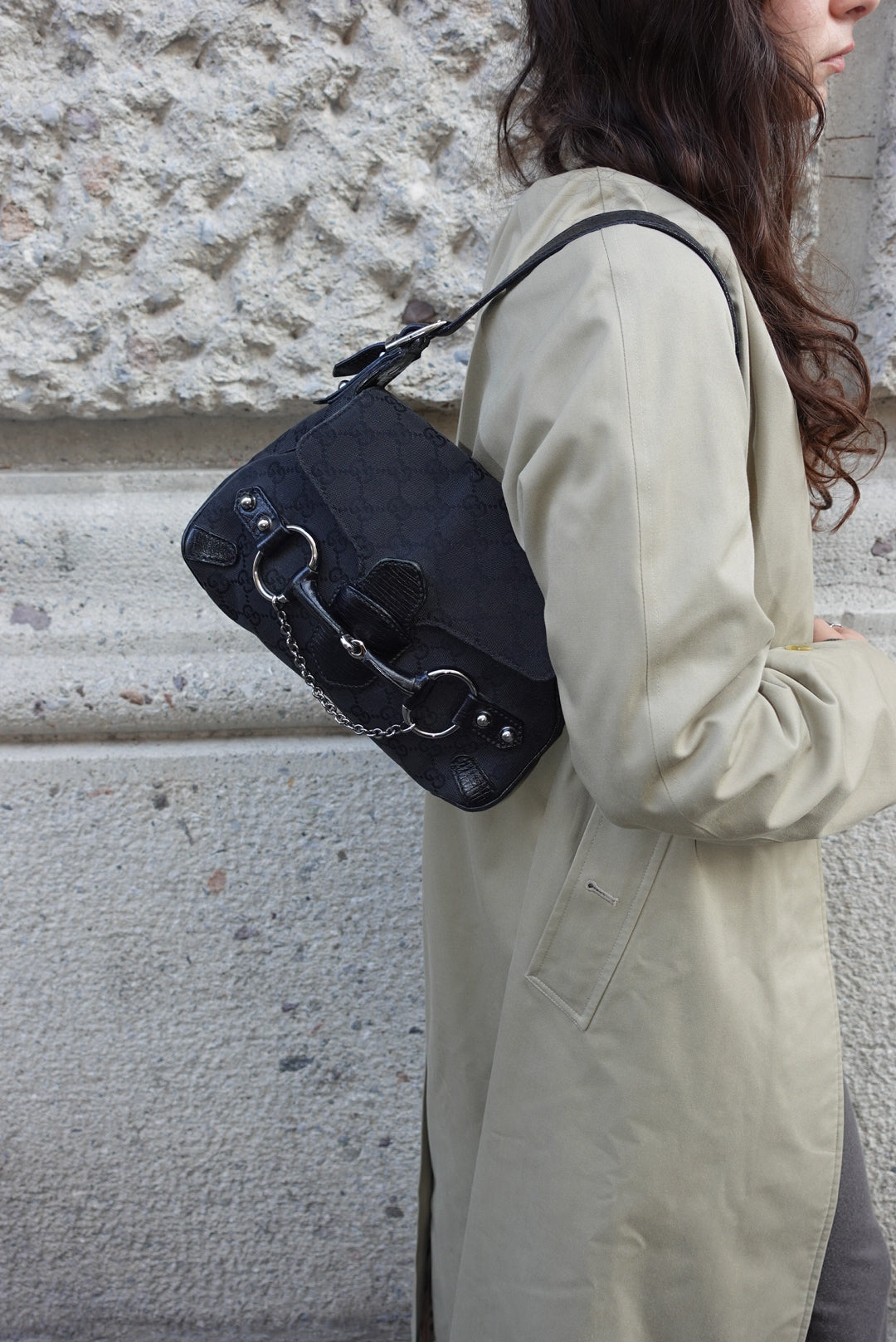 Gucci Horsebit Chain Vintage Black Canvas and Leather Shoulder Bag