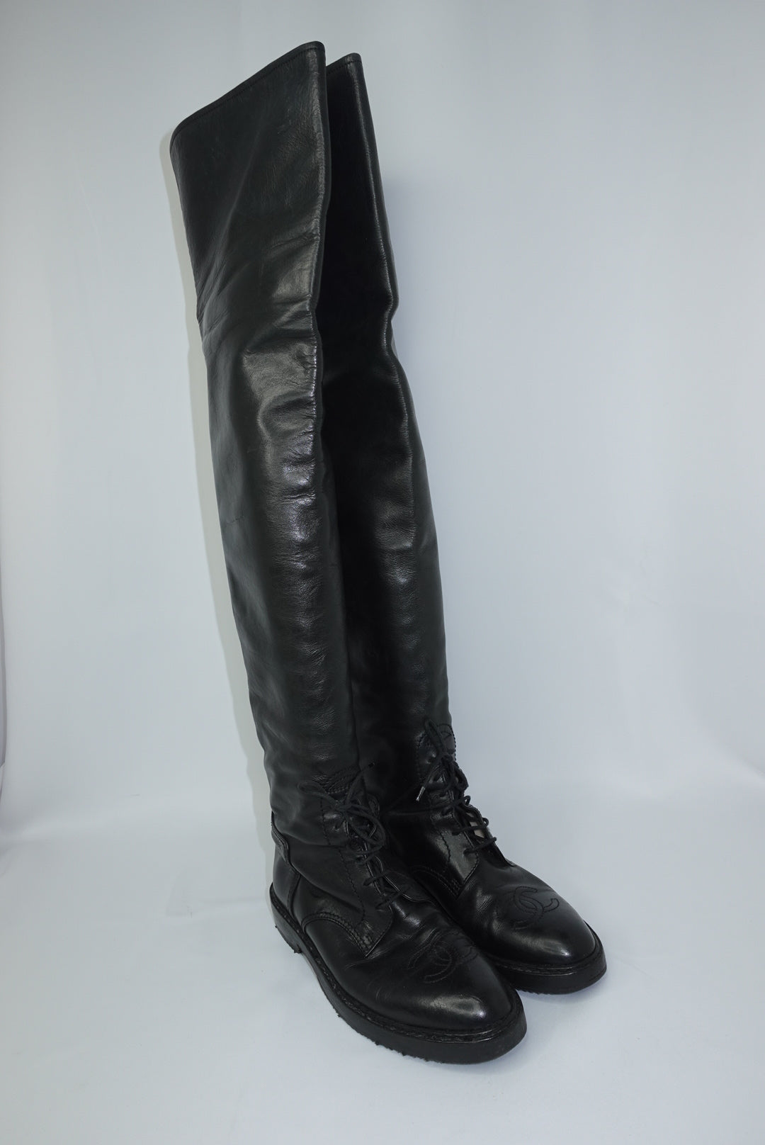 Chanel Vintage Black Leather Thigh-High Boots with Embroidered CC Interlocking Logo