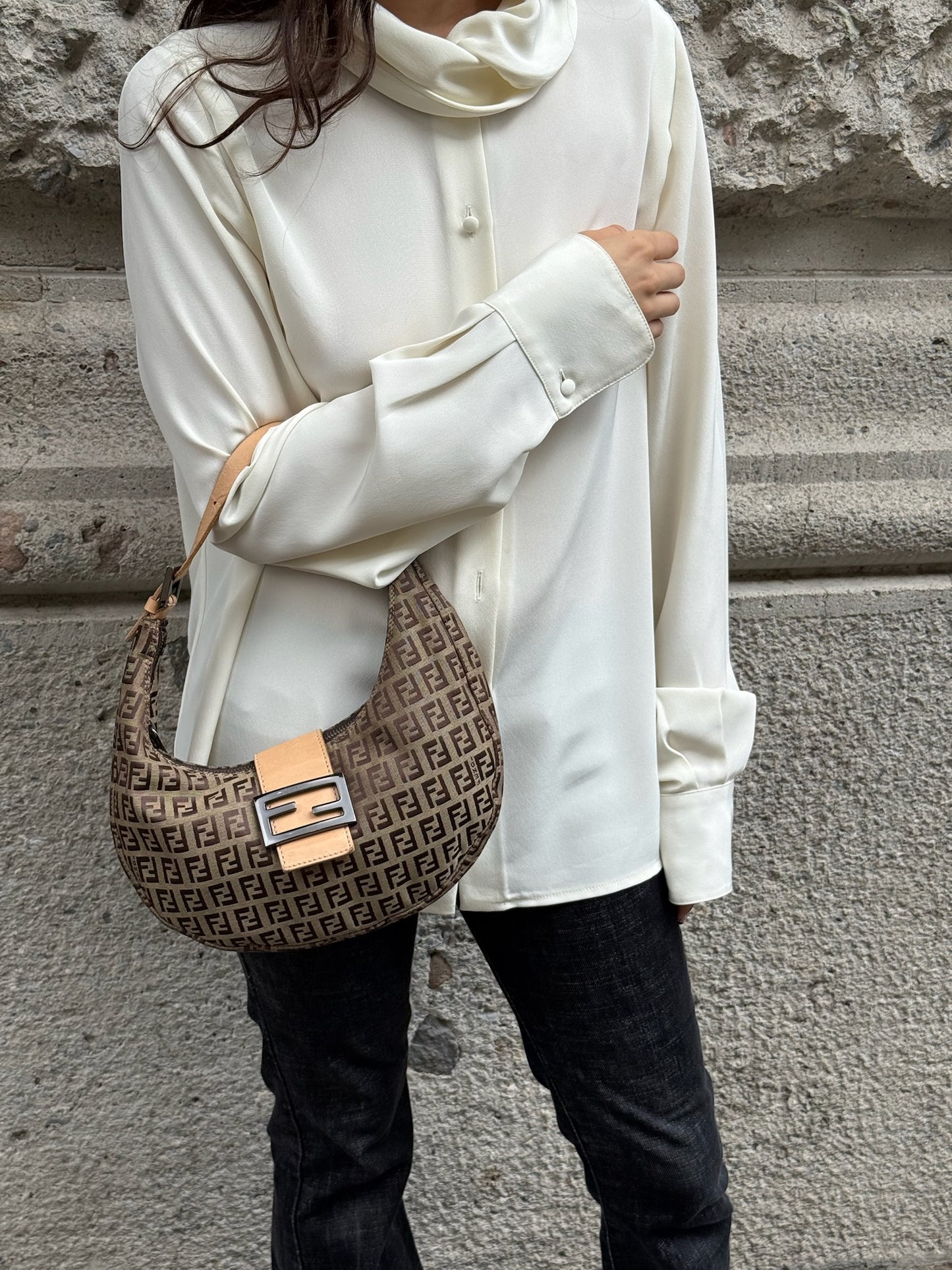 110. Fendi Zucchini Vintage Hobo Brown Canvas Monogram Croissant Bag