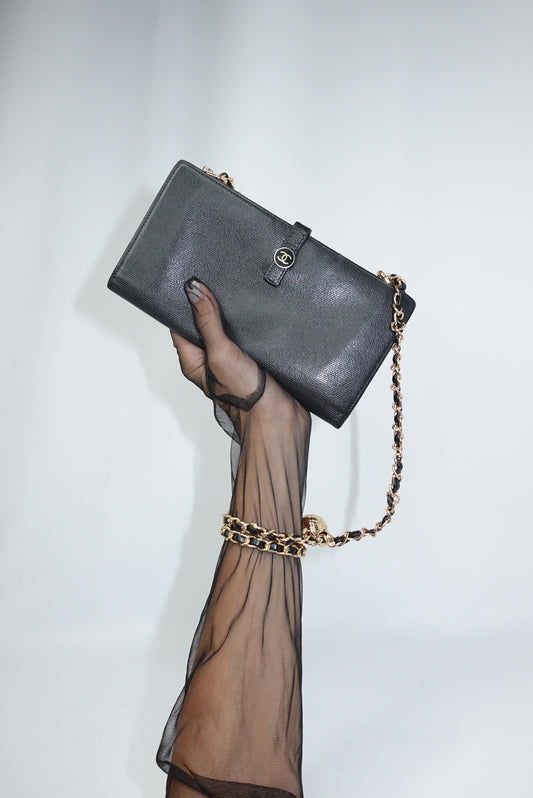 Chanel Re-Worked Black Caviar Double Sided Wallet With Chain round logo