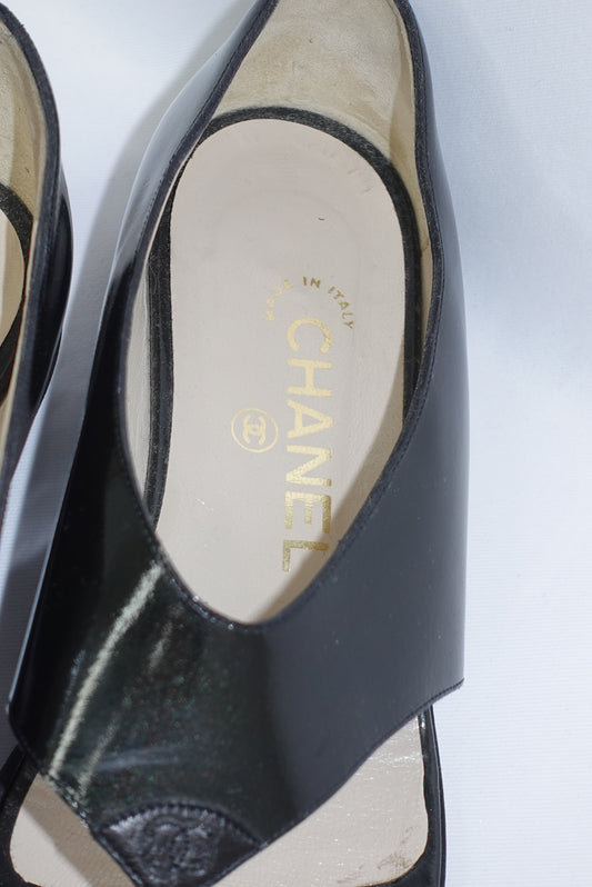 Chanel Black Patent Leather Vintage Sandals
