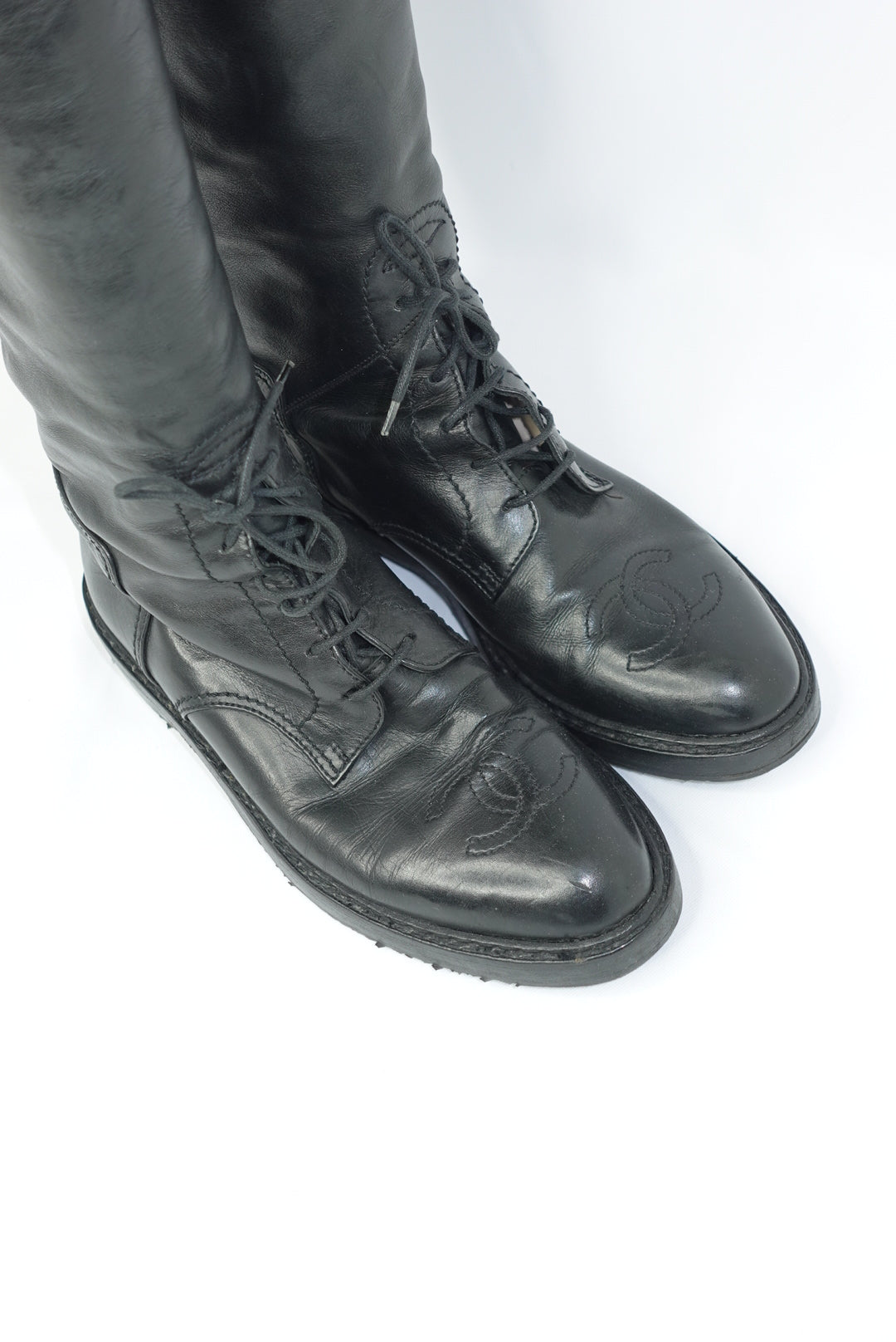 Chanel Vintage Black Leather Thigh-High Boots with Embroidered CC Interlocking Logo
