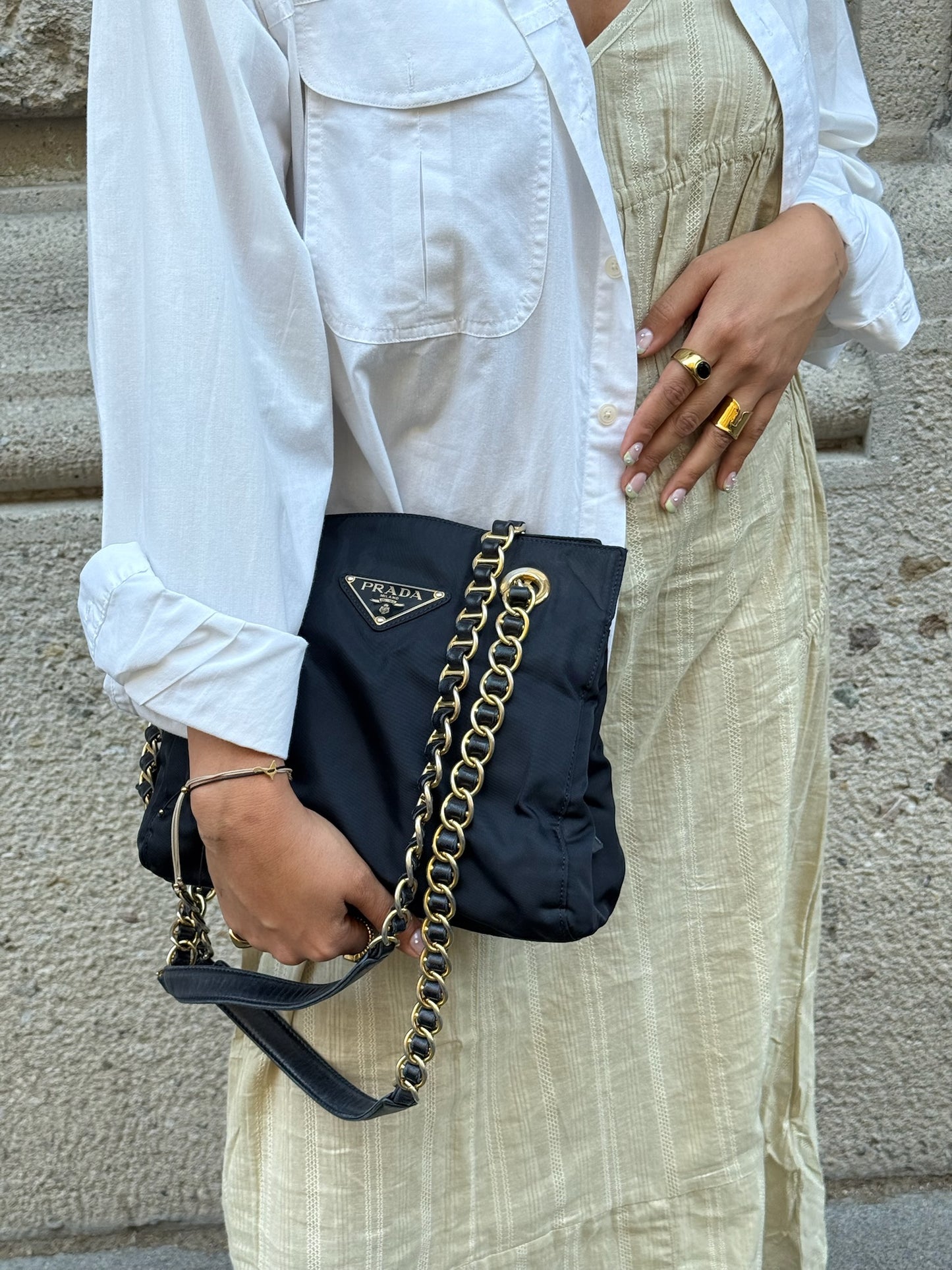 Prada Nylon Navy Gold Toned Chain Shoulder Bag