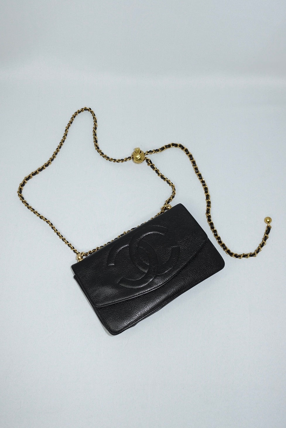 128. Chanel Re-Worked Vintage Flap W.O.C. Black Caviar CC logo