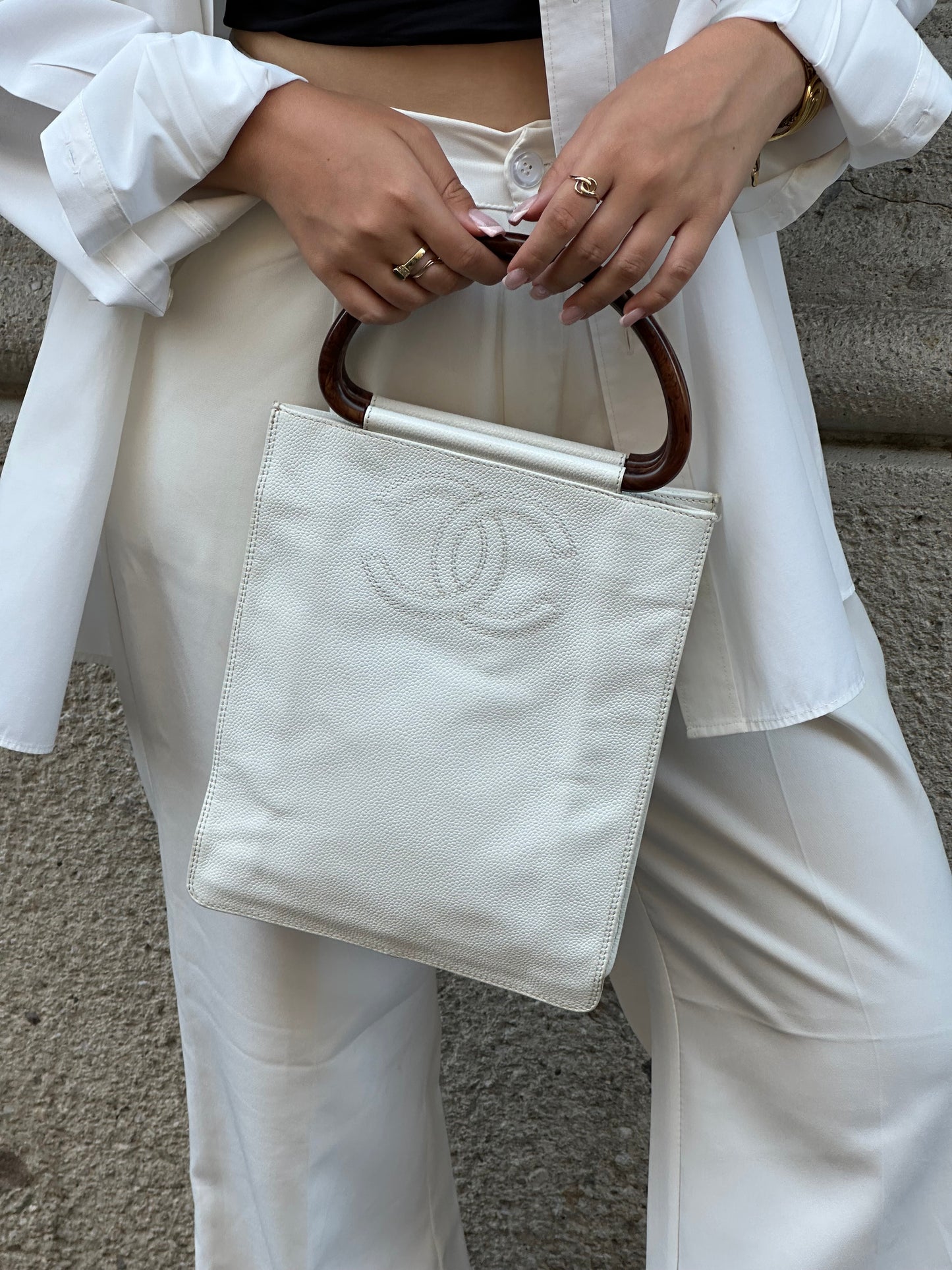 Chanel Vintage Mini Tote Bag White Leather