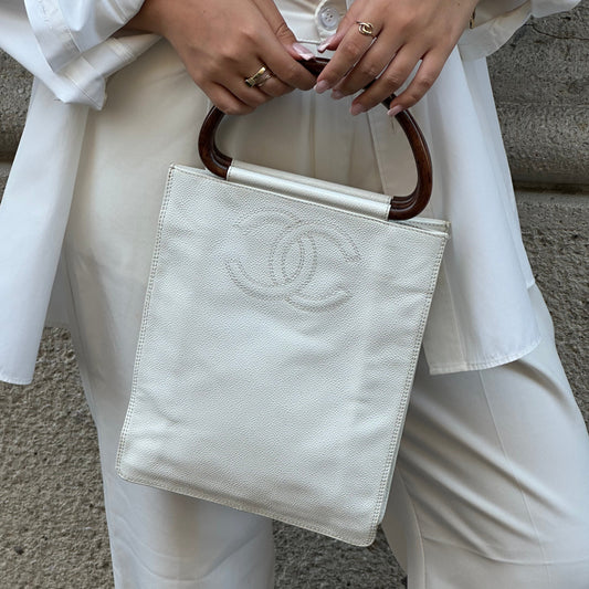 Chanel Vintage Mini Tote in White Leather with Embroidered CC