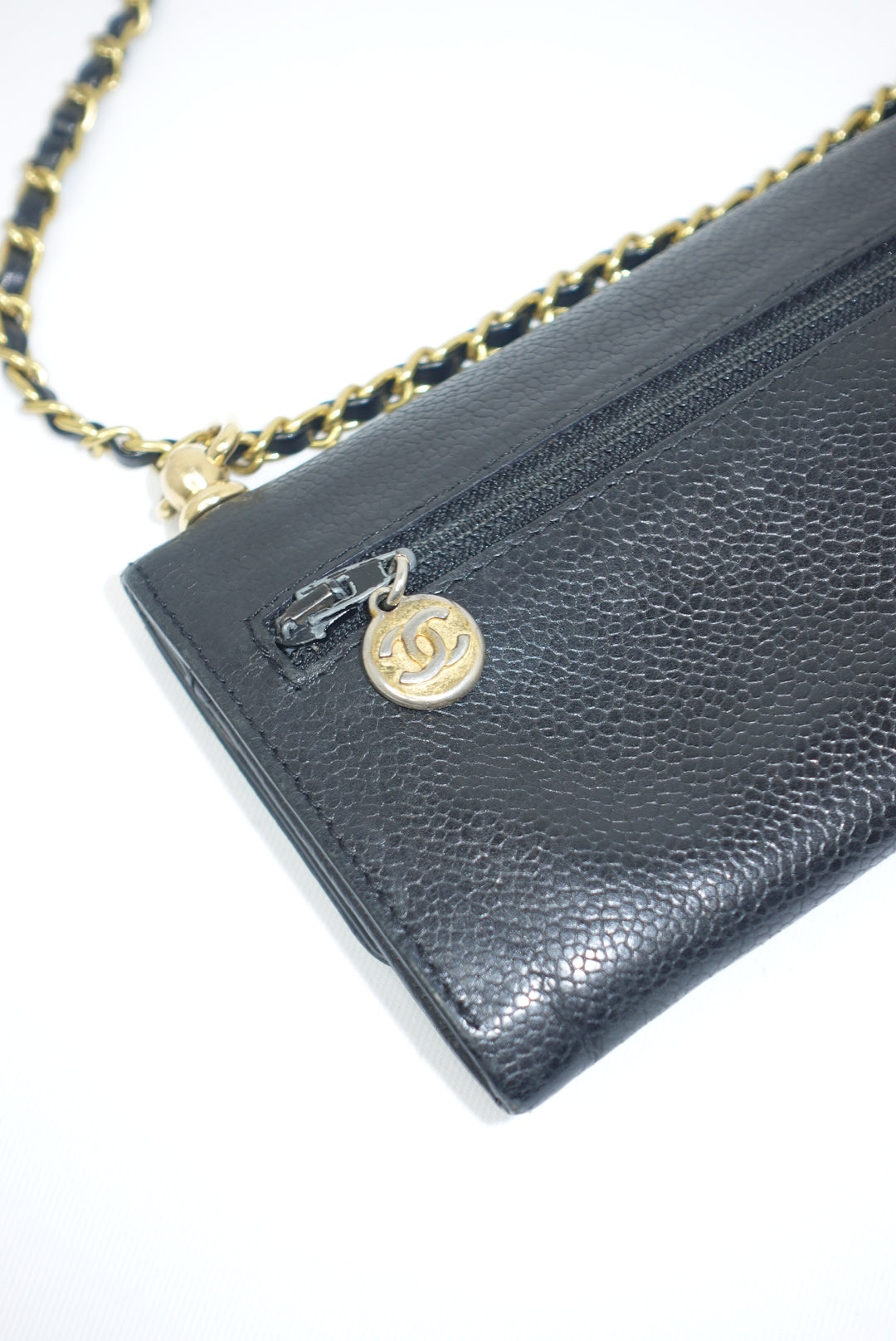 127. Chanel Re-Worked Vintage Long Flap W.O.C. Black Caviar CC logo