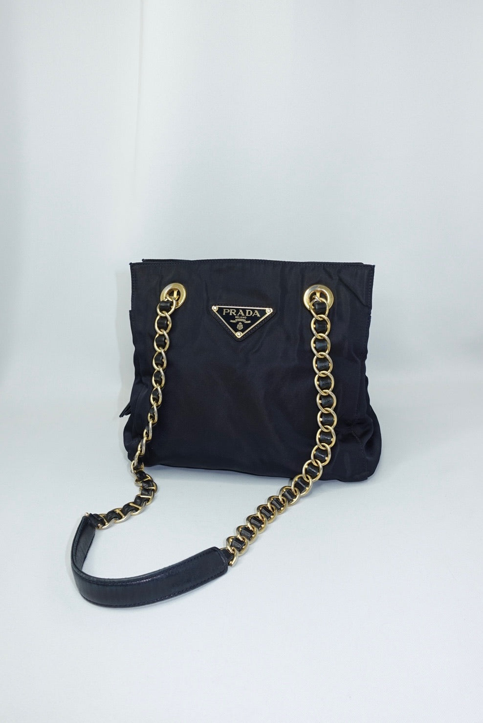 Prada Nylon Navy Gold Toned Chain Shoulder Bag