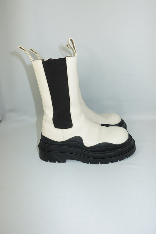 Bottega Veneta Tire Lug Chelsea Boots in Sea Salt and Black with Chunky Sole
